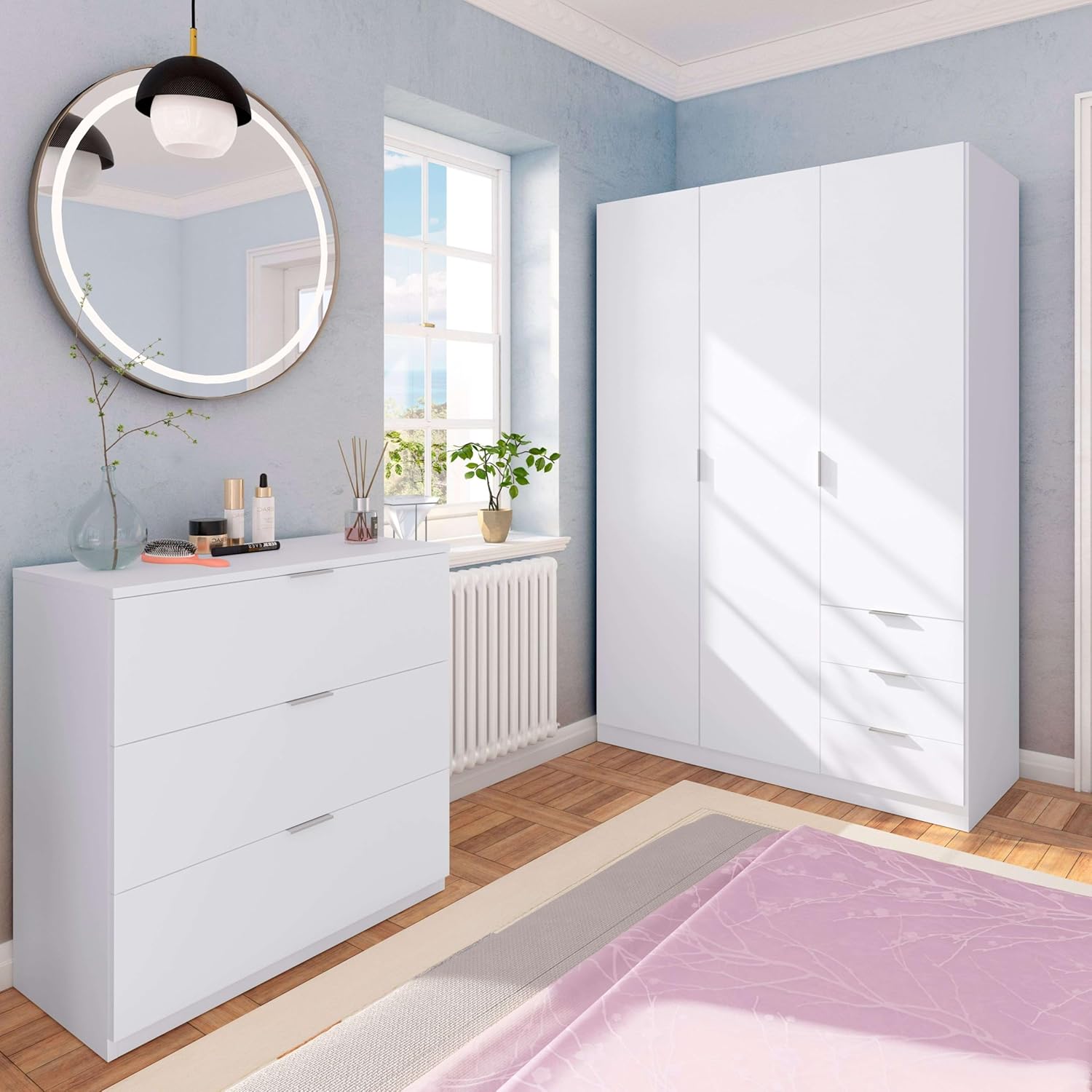 Habitdesign Kleiderschrank mit drei Türen und drei Schubladen, Ausführung: Arctic White, Maße: 121 cm (B) x 180 cm (H) x 52 cm (T)
