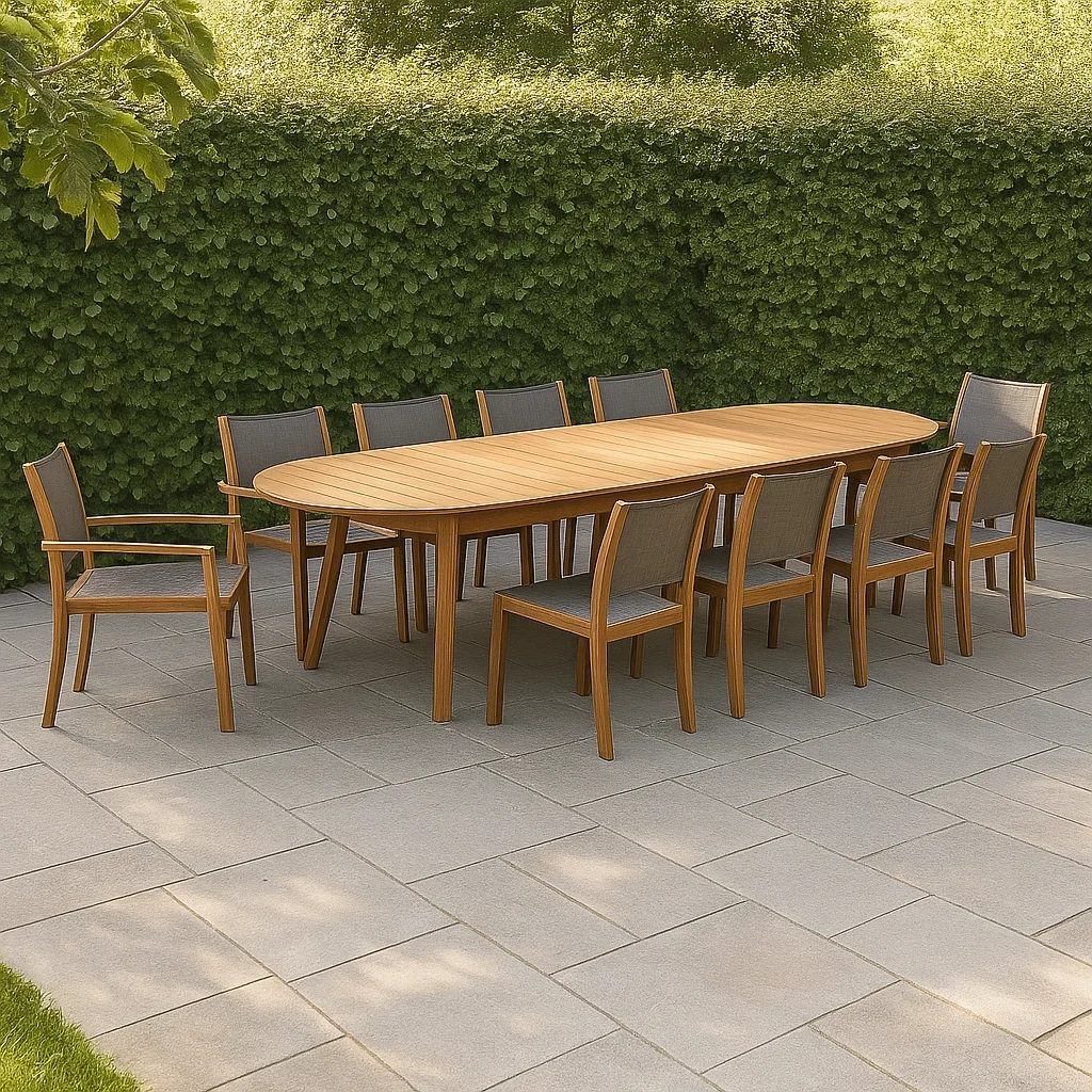 Ensemble table et chaises de jardin 10 places en bois brun, table 350 x 110 x 75 cm, chaises 55 x 60 x 88 cm, structure ovale, chaises empilables pour terrasse ou patio - niGXufl2e6Hc
