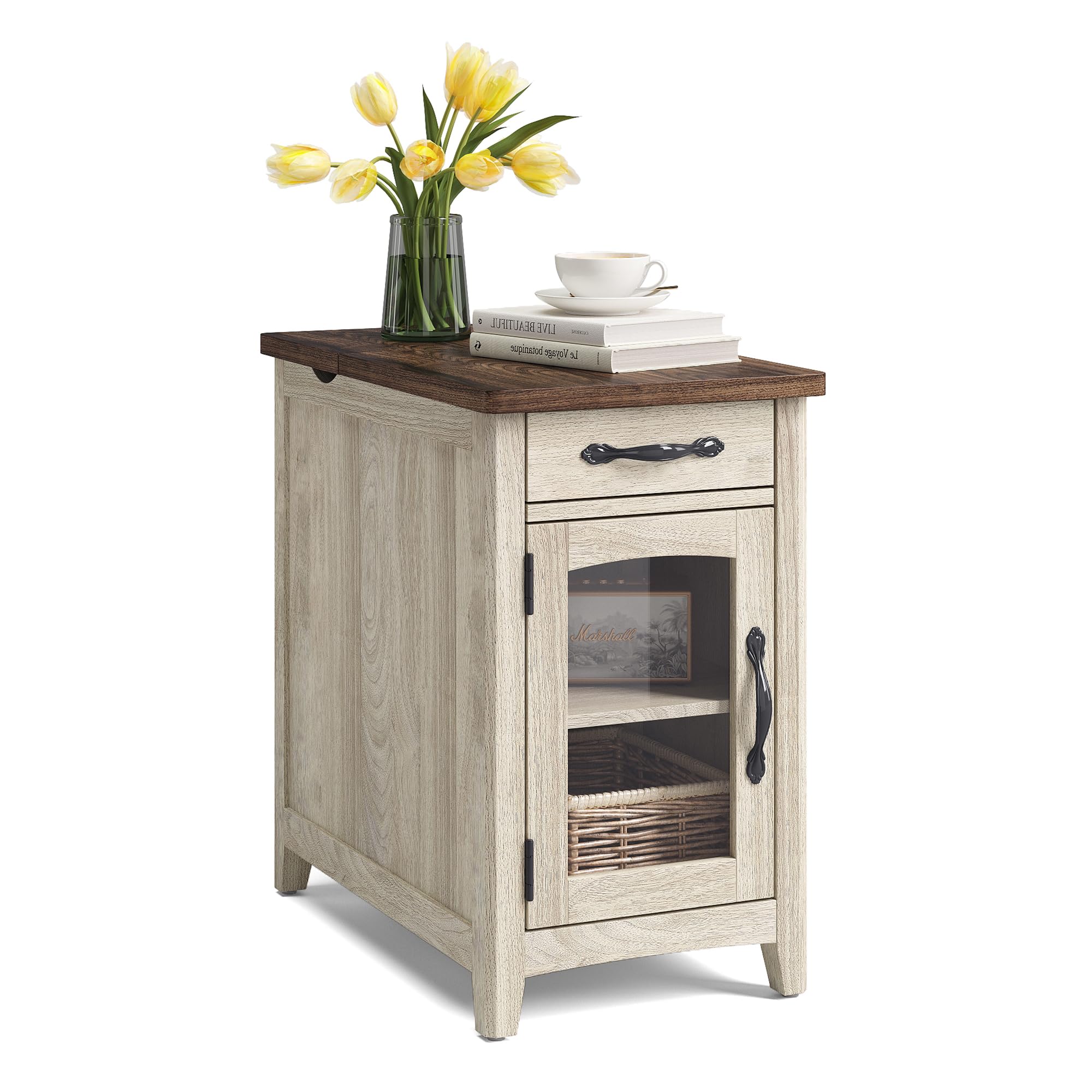 Beistelltisch mit Ladestation. Nachttisch mit Schublade und abnehmbarer Ablage.