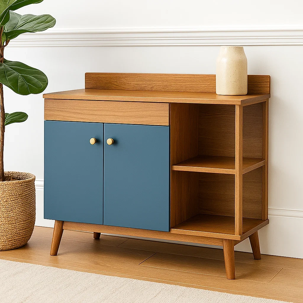 Îlot de cuisine rectangulaire avec étagères et meuble en MDF, coloris chêne et bleu, sans roulettes, 100 x 40 x 85 cm, pour cuisine domestique. - VxsES9DwARkS