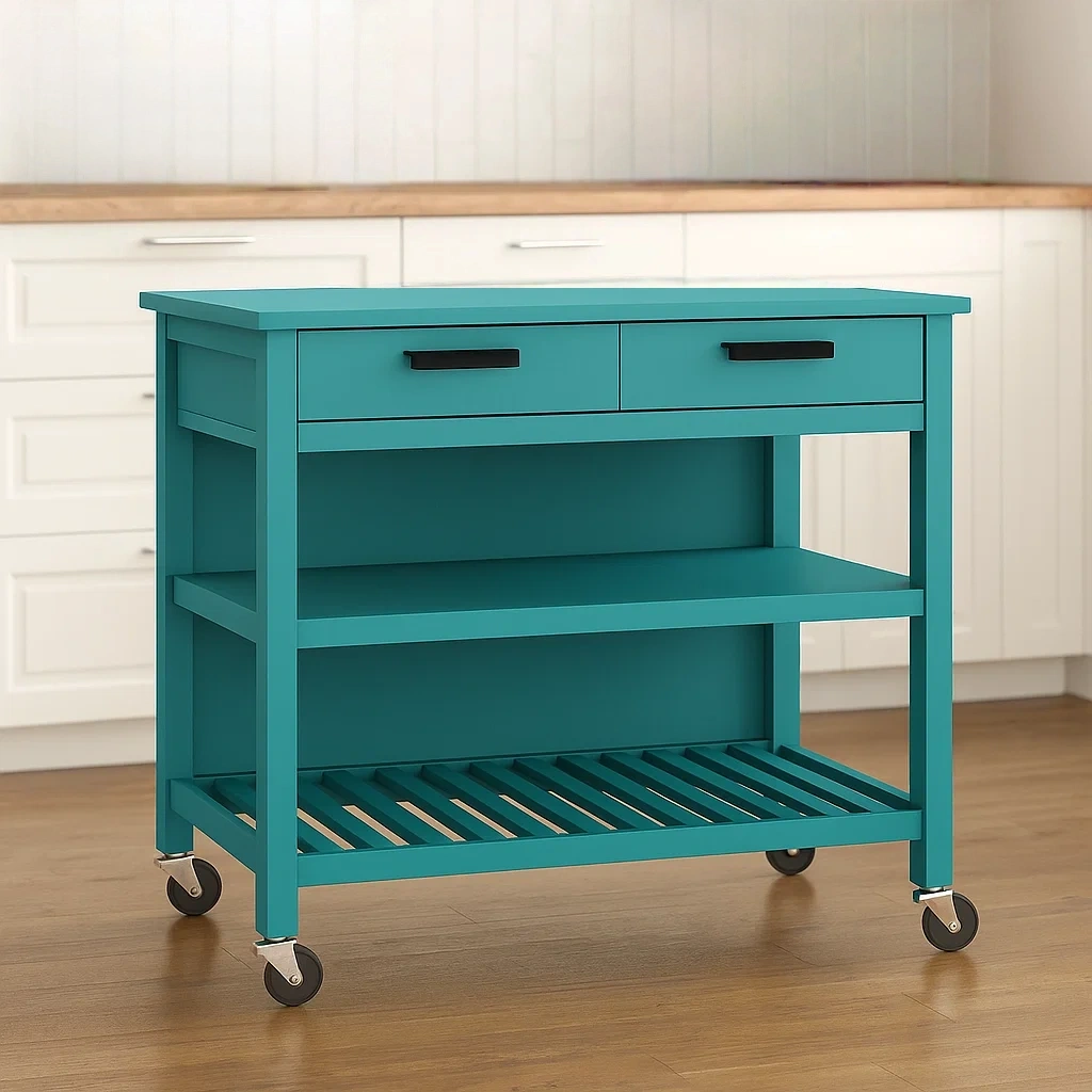 Îlot de cuisine rectangulaire à roulettes, en MDF vert turquoise, avec 2 tiroirs et étagères ouvertes, dimensions : 100 cm de long, 45 cm de large, 90 cm de haut, pour cuisine domestique. - p29J91SvgKKy