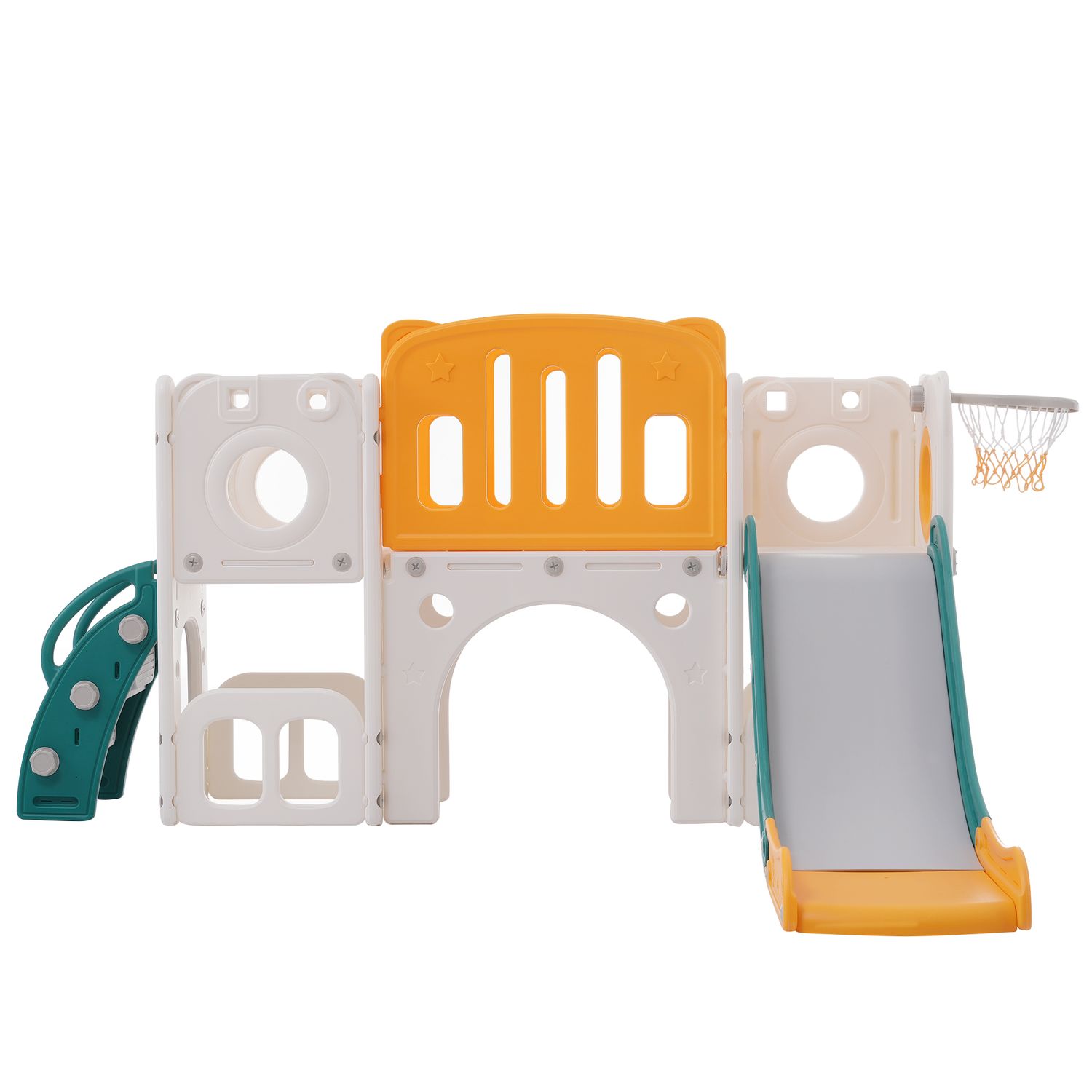 6-in-1 Kinderrutsche – inklusive Rutsche, Basketballkorb, Leiter, Tunnel und zwei Spielbereichen – Grün