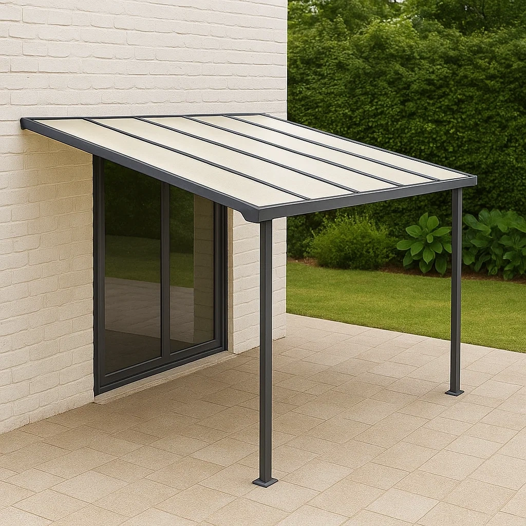 Pergola de forme inclinée, en métal et polycarbonate, couleur grise, toit en pente, autoportante, dimensions 400 x 250 x 300 cm, pour jardin ou terrasse - 8HIYfDvxmvtJ