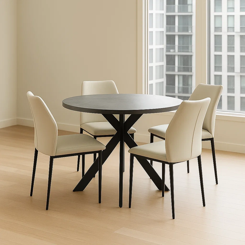 Ensemble table et chaises de salle à manger, comprenant une table et quatre chaises, noir, bois et similicuir, pour salle à manger