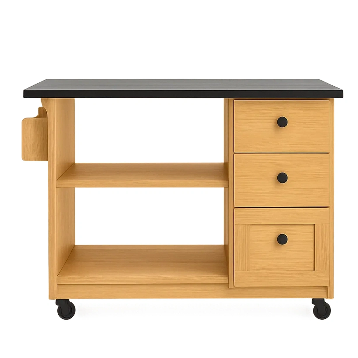 Îlot de cuisine rectangulaire avec étagères et tiroirs, finition bois naturel, sur roulettes, 120 x 60 x 90 cm, pour cuisines résidentielles. - zydIcYLoR87O