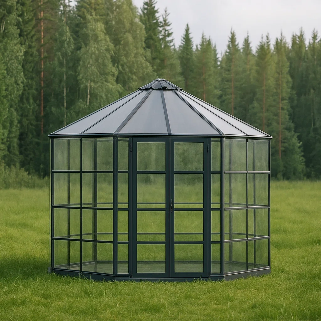 Serre de jardin, structure heptagonale à double porte, noire, structure métallique, pour usage extérieur, diamètre 262 cm, hauteur 259 cm