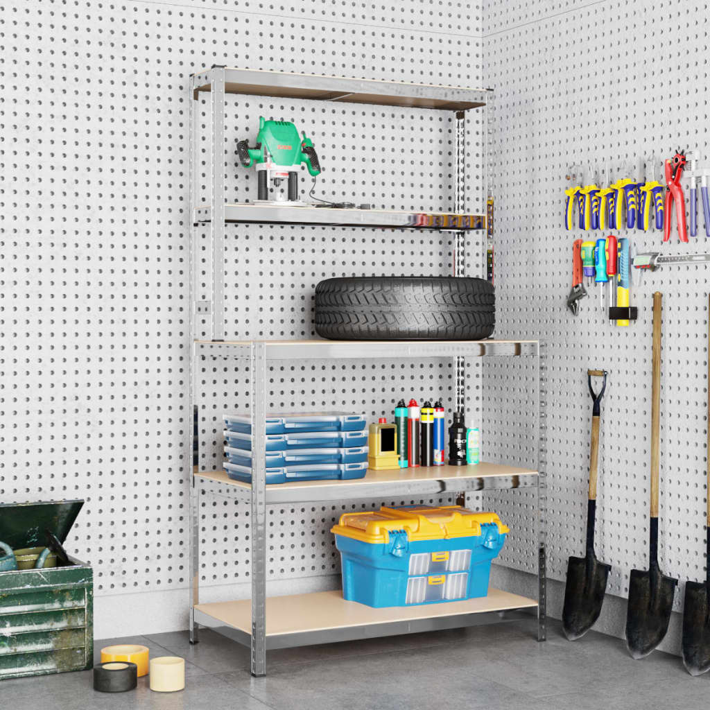 Arbeitstisch 2025 mit 5 Ablagen, Silber, Stahl und Holzwerkstoffplatte