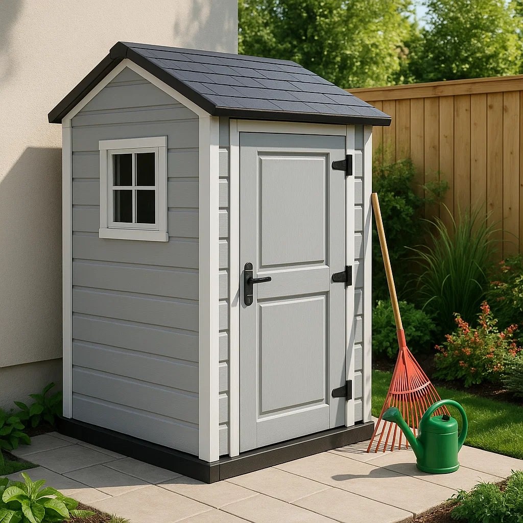 Abri de jardin compact en résine gris clair pour usage extérieur, 140 x 140 x 190 cm, SRpsosp218Hw