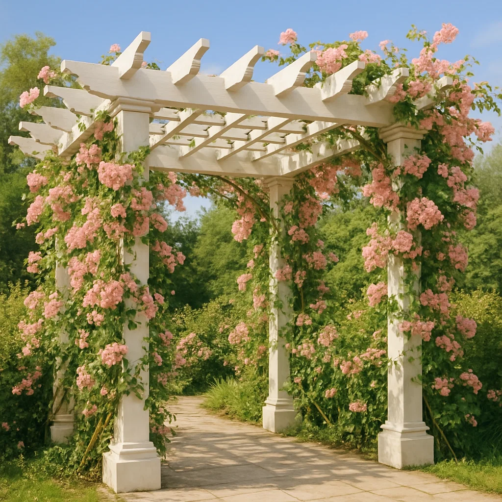 Pergola de jardin en bois avec fleurs et structure blanche - pour usage extérieur - 350 cm de long x 350 cm de haut x 350 cm de profondeur Kpparfu313po