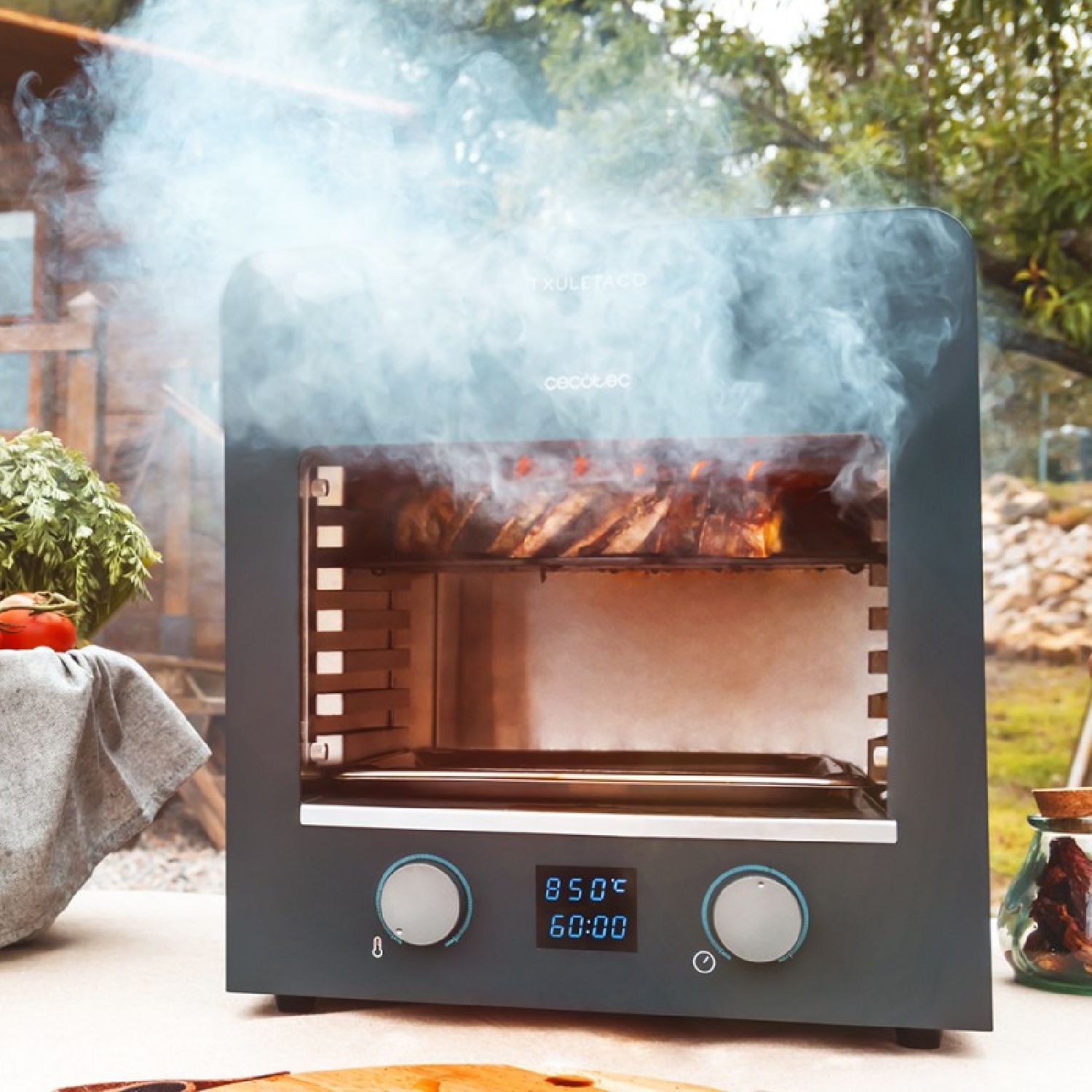 Txuletaco 8000 Inferno Backofen. 2200 W, Grillrost aus Gusseisen, Pizzastein und -blech, 2 Fettauffangschalen, Temperatur bis zu 850 °C, inklusive Digitalthermometer.