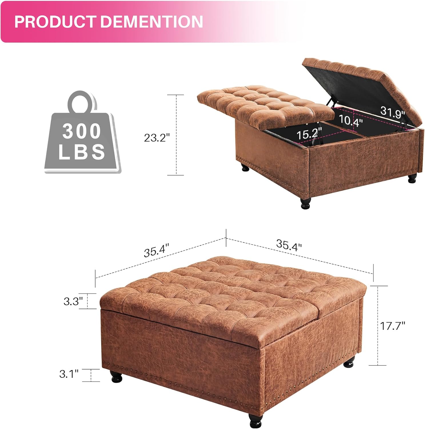 Redlife Aufbewahrungshocker, Couchtisch mit Aufbewahrungshocker, 89,9 cm große Fußstütze für das Wohnzimmer, gepolsterter Hocker mit Stauraum für das Wohnzimmer (Braun)