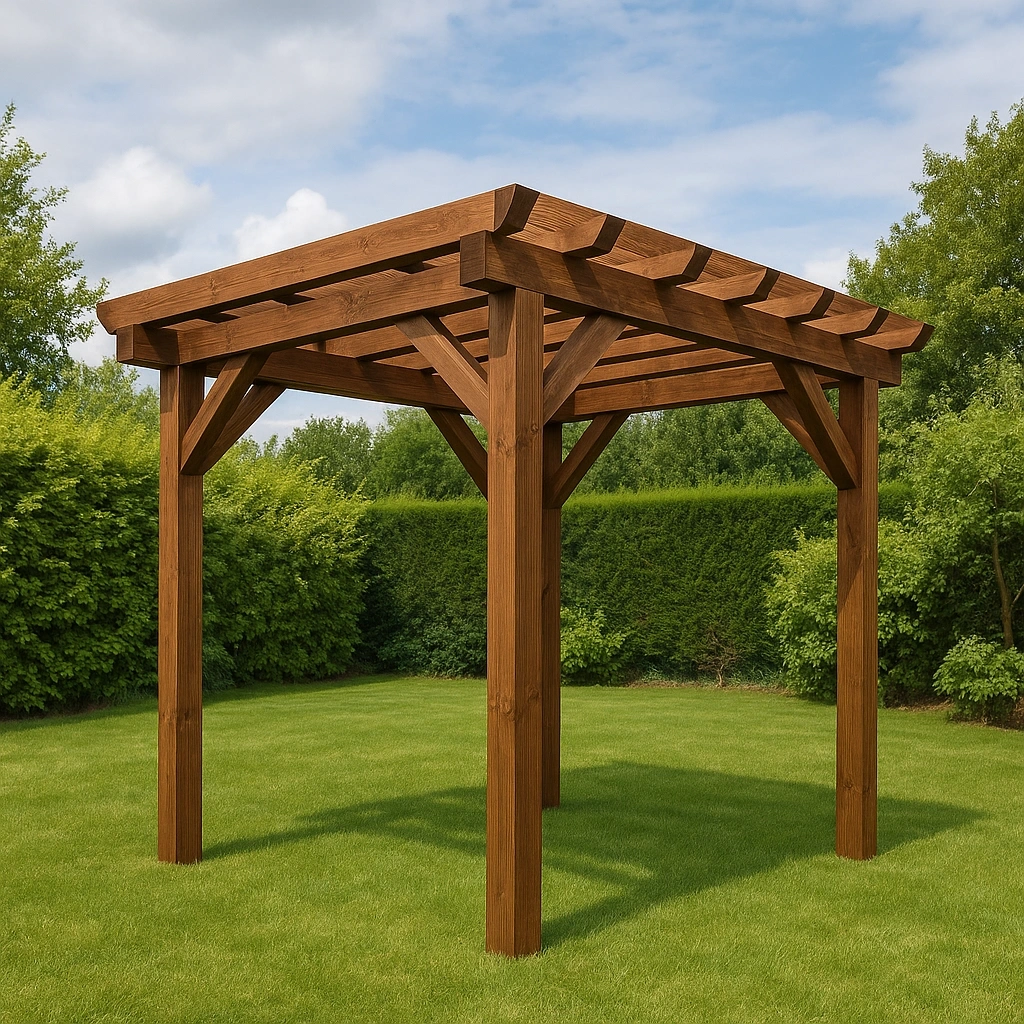 Pergola de jardin en bois massif brun pour usage extérieur, 250 cm x 250 cm x 260 cm - gKPruos433YK