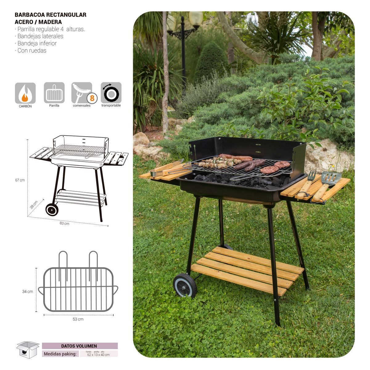Chiara Holzkohlegrill mit schwarzem Stahlgrillrost 67x38x83 cm