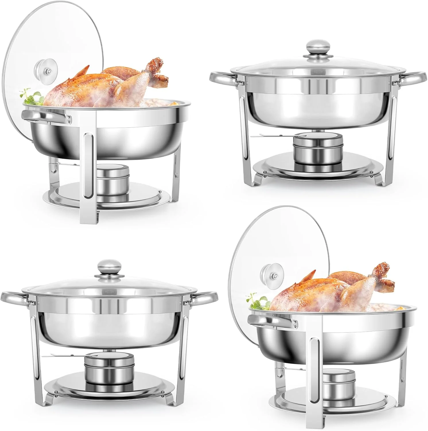 Set mit 4 hochwertigen, runden Warmhaltebehältern aus Edelstahl (je 5 Liter) – Komplettes Buffet-Set mit Heiz- und Kühlfunktion. Ideal für Empfänge, Bankette, Buffets, Partys und Hochzeiten.