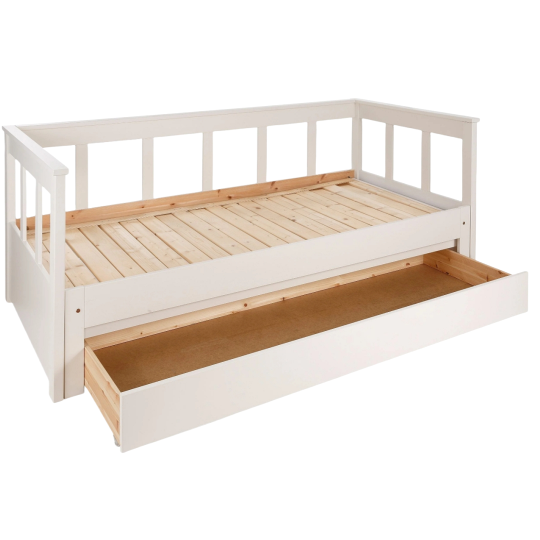 Aira-Bettkommode, aus massivem Kiefernholz, weiß lackiert