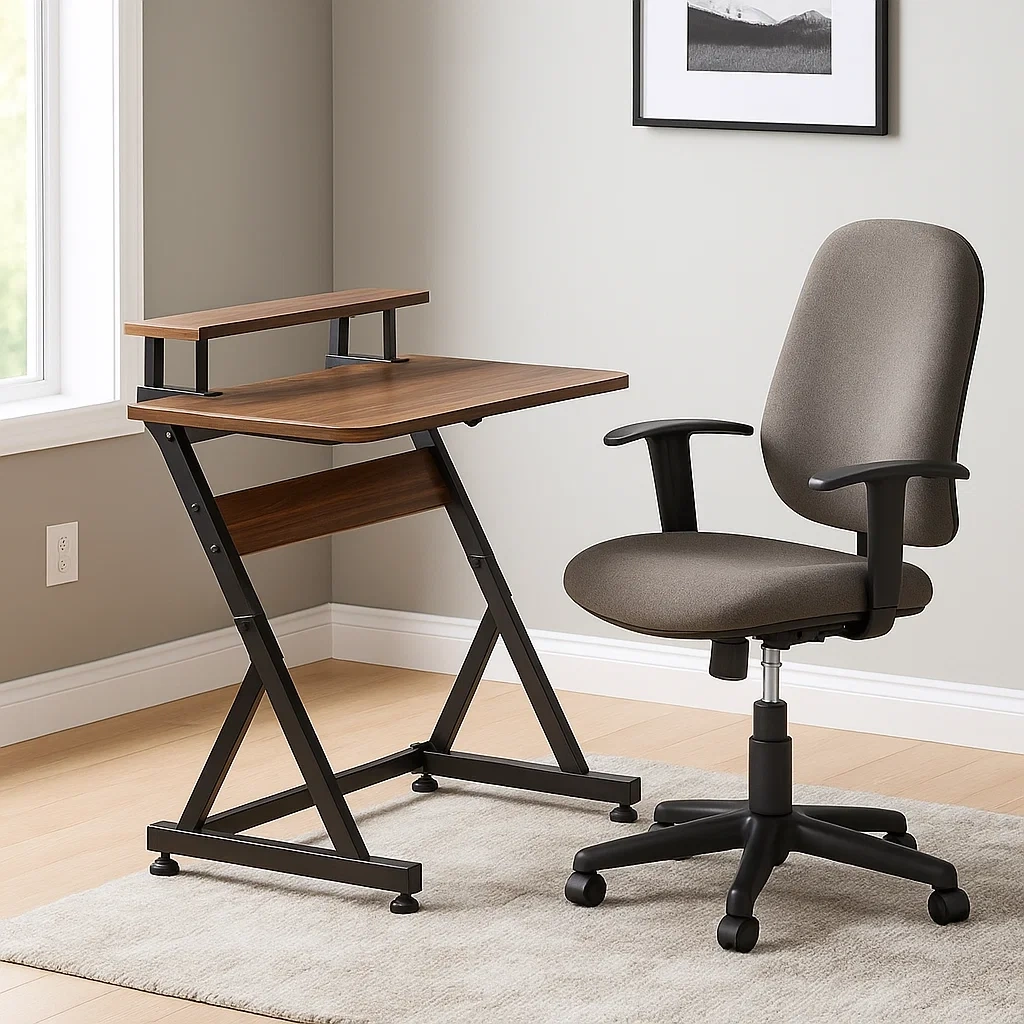 Bureau d'ordinateur compact en bois et métal, marron et noir, avec étagère supérieure et chaise pivotante, 110 x 50 x 90 cm, pour le bureau et la maison - AV6DzK73fa0p