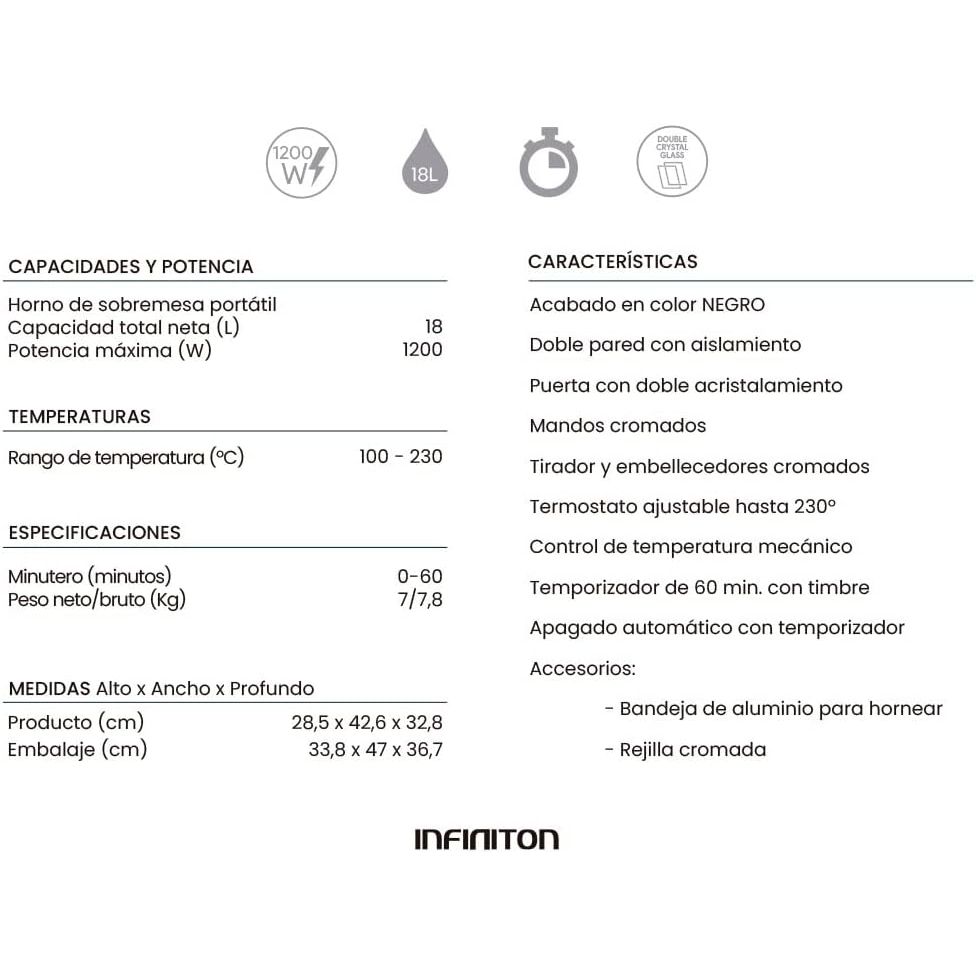 Infiniton HSM-A18N – Tischbackofen, Schwarz, 18 l, 1200 W, Doppelverglasung, Temperaturregelung, 60-Minuten-Timer.