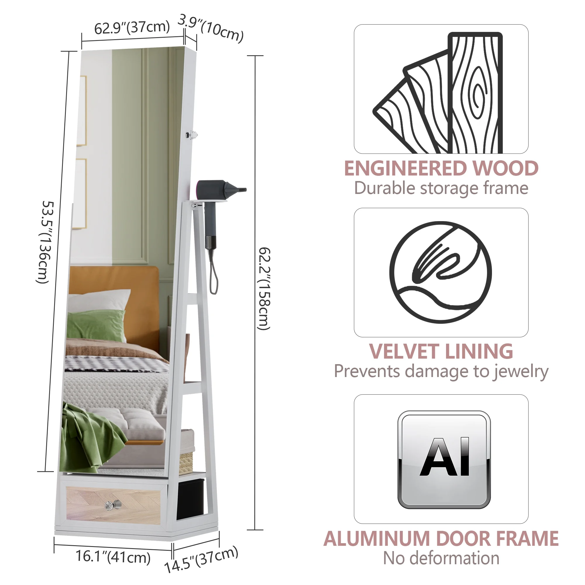 LVSOMT 360° drehbare Schmuckschatulle mit Beleuchtung – Freistehender Organizer mit Ganzkörperspiegel, Schloss und viel Stauraum – Weiß
