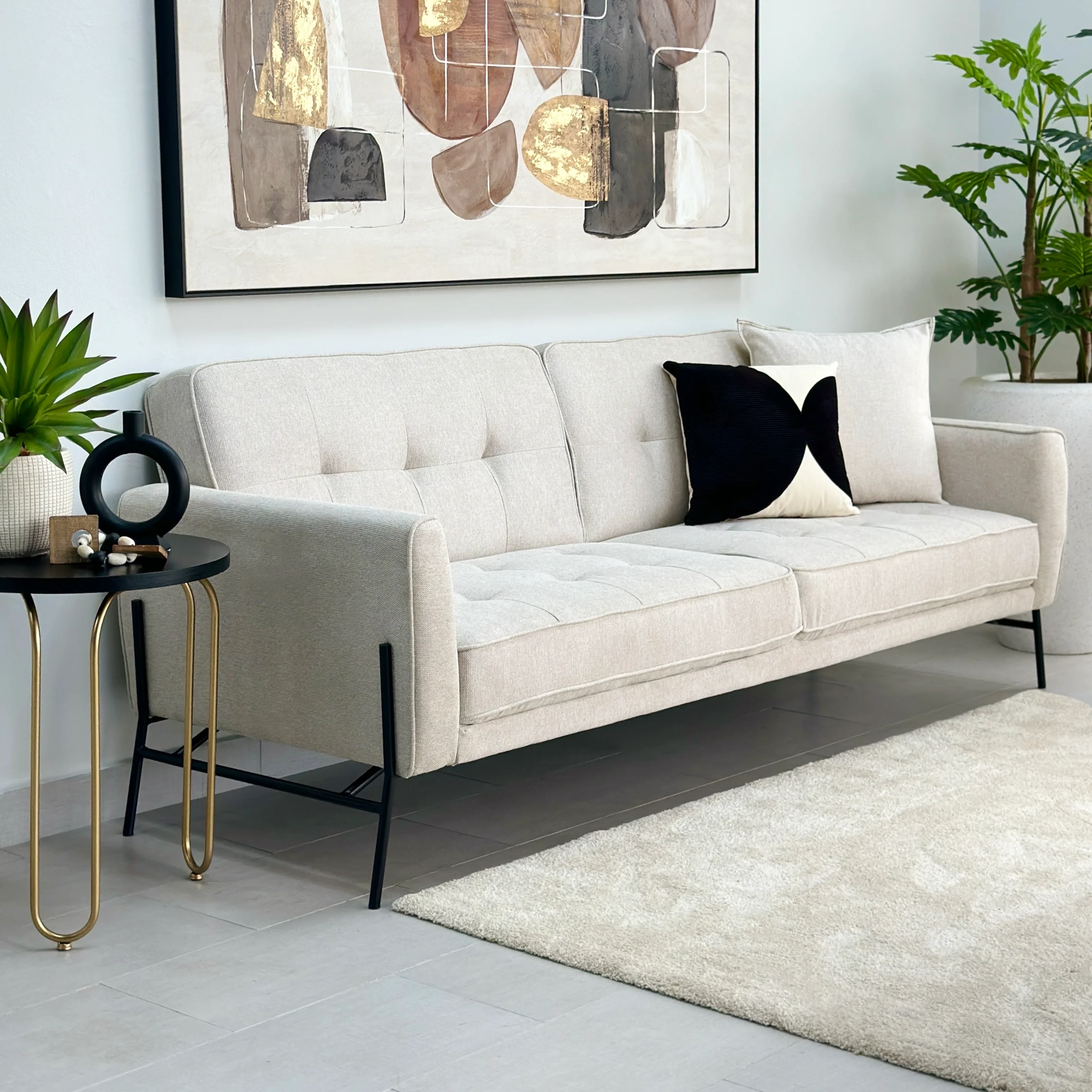 elfenbeinfarbenes 3-Sitzer-Schlafsofa im Mid-Century-Stil