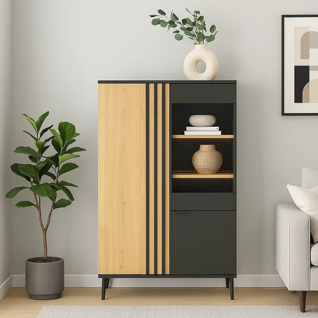 Vitrine à 2 portes opaques et 3 étagères ouvertes, panneaux de particules, coloris noir et bois clair, montage requis, usage intérieur, 90 x 40 x 160 cm - wP9PSGWrt2cX
