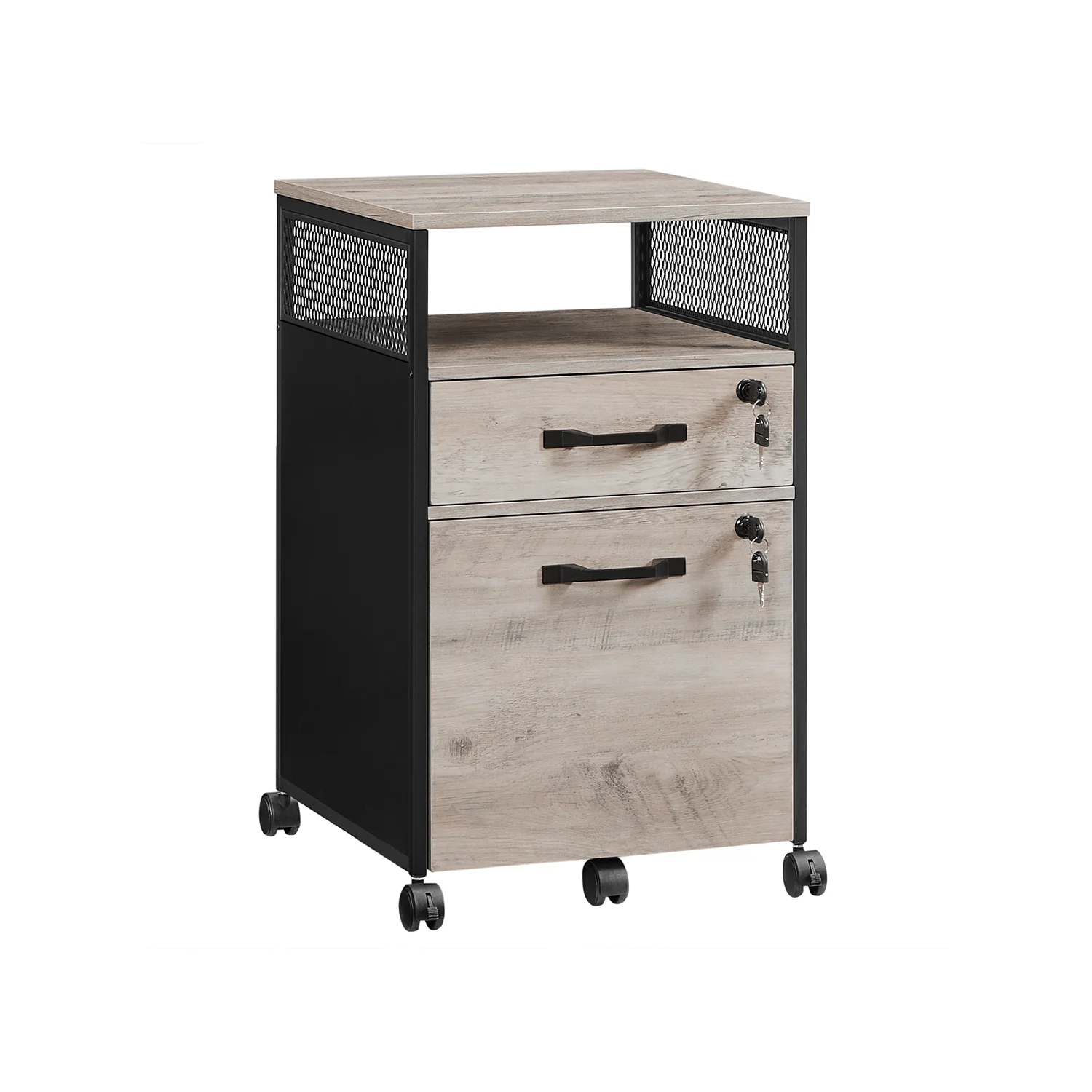 Büroschrank mit abschließbaren Schubladen und Rollen, offenes Fach