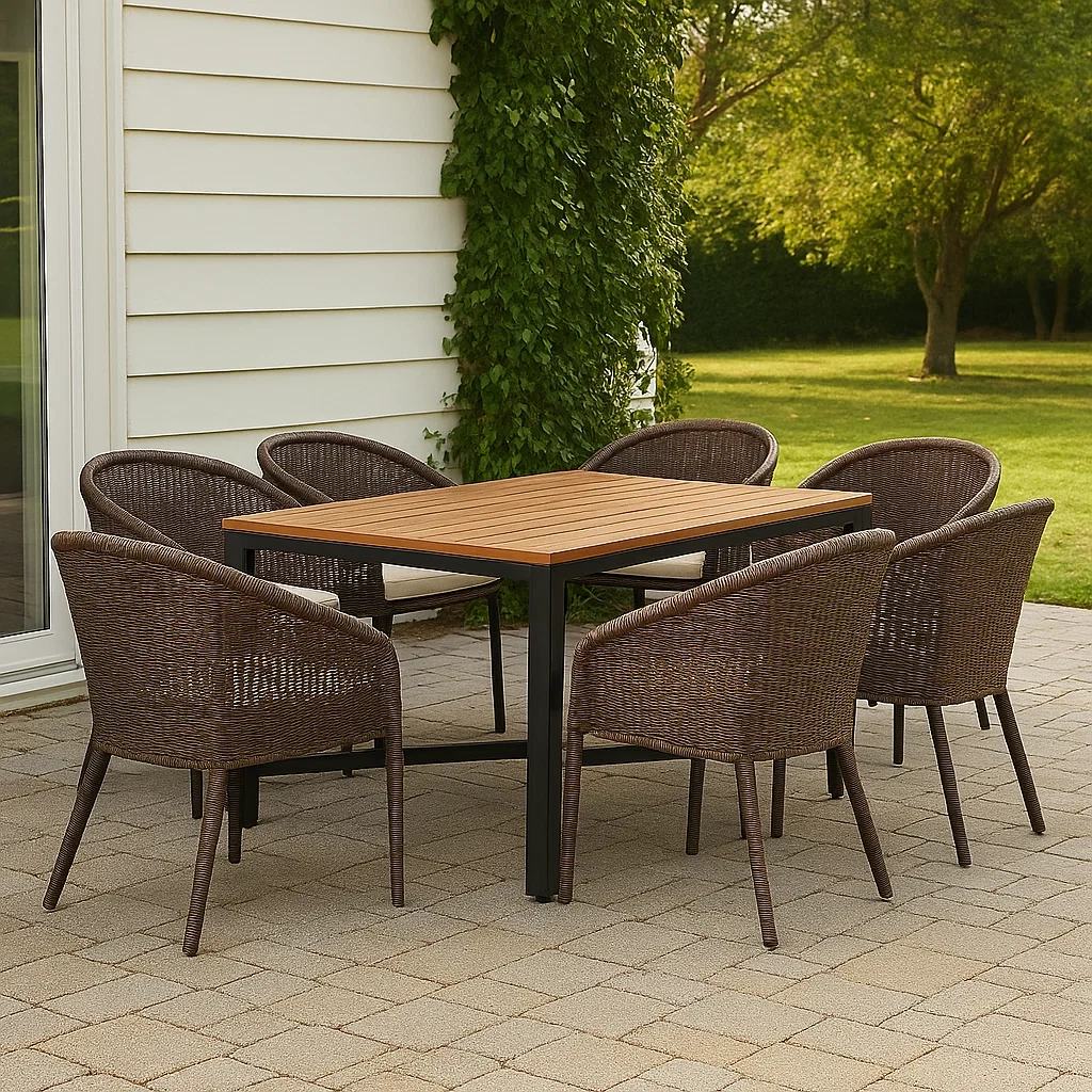 Ensemble table et chaises de jardin 7 places, structure en métal et assise en rotin marron, table en bois naturel, dimensions table : 160 x 90 x 75 cm, chaises : 60 x 60 x 85 cm. - yNSm3BiSeL77