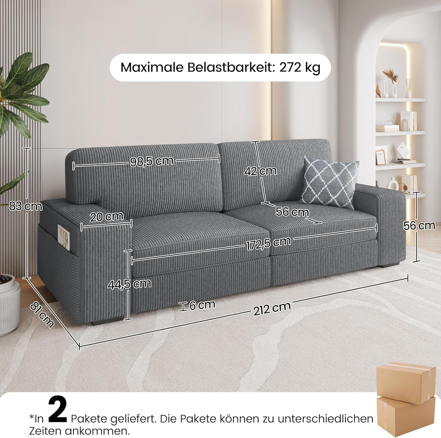 Yaheetech 2-Sitzer-Sofa, gepolstert mit Cord, 213 x 81 cm, Schlafsofa mit abnehmbaren Kissen, modernes Sofa mit breiten Armlehnen, max. Belastbarkeit 272 kg, geeignet für Wohnzimmer/Schlafzimmer, Dunkelgrau