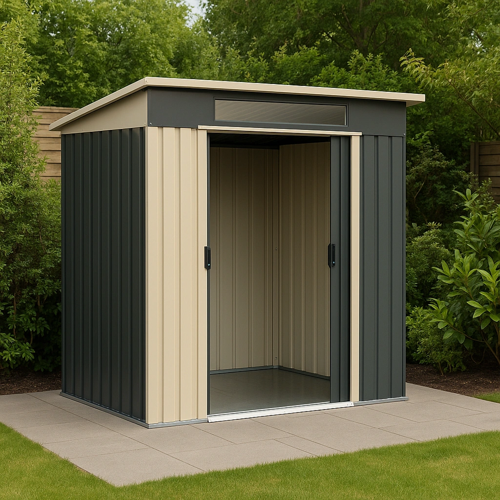 Abri de jardin en acier beige/gris, espace de rangement extérieur 200 x 150 x 210 cm