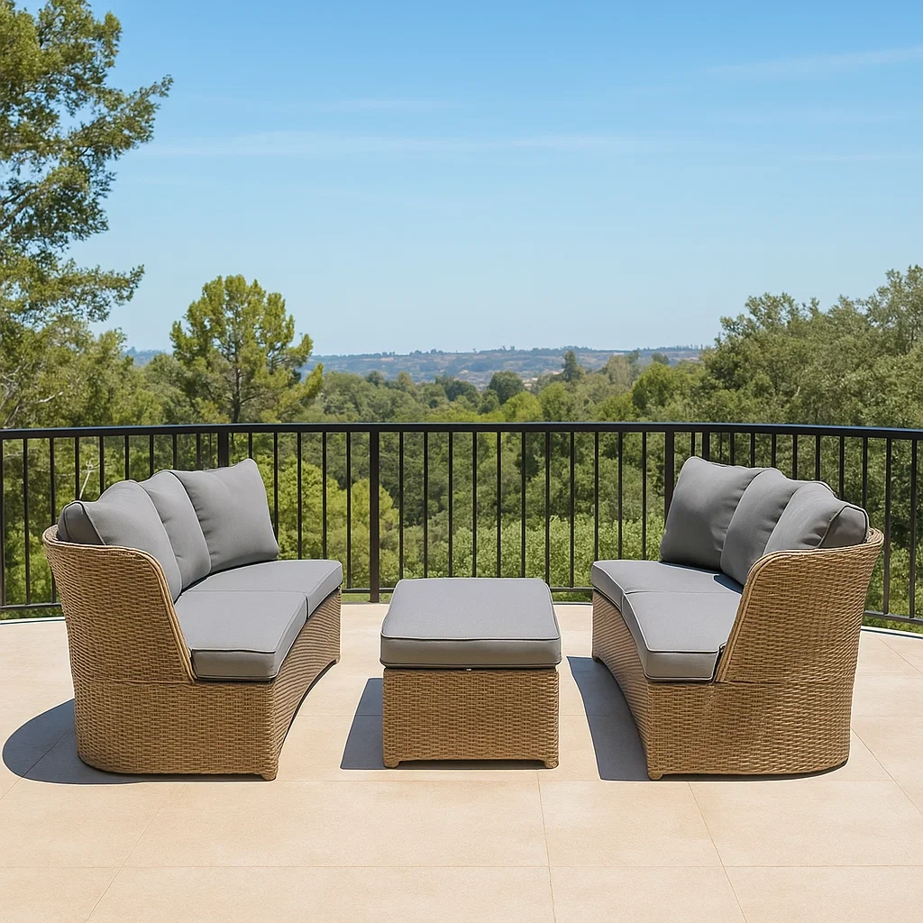 Canapé d'extérieur, ensemble modulable avec table basse, gris, bois et rotin, adapté à une utilisation en extérieur