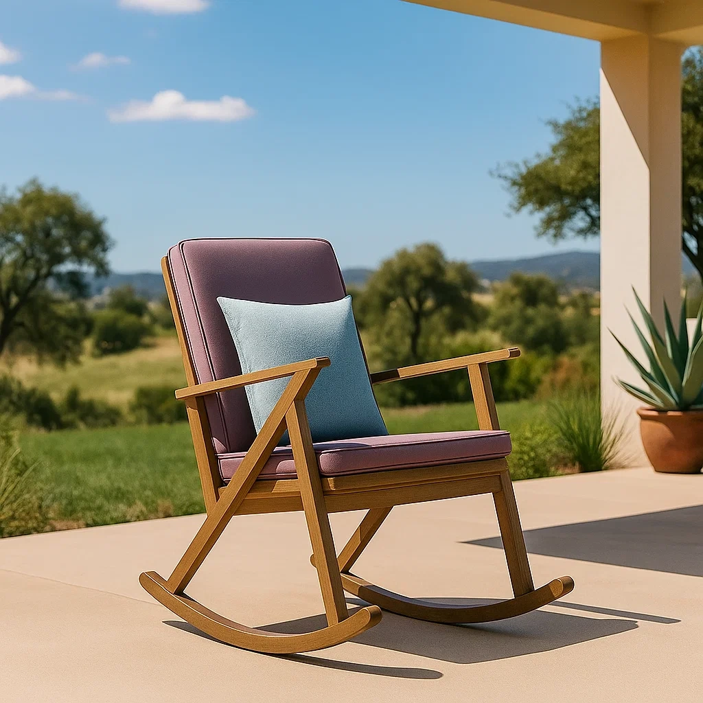 Fauteuil à bascule d'extérieur, marron, bois et tissu, jardin, 67 x 63 x 99 cm