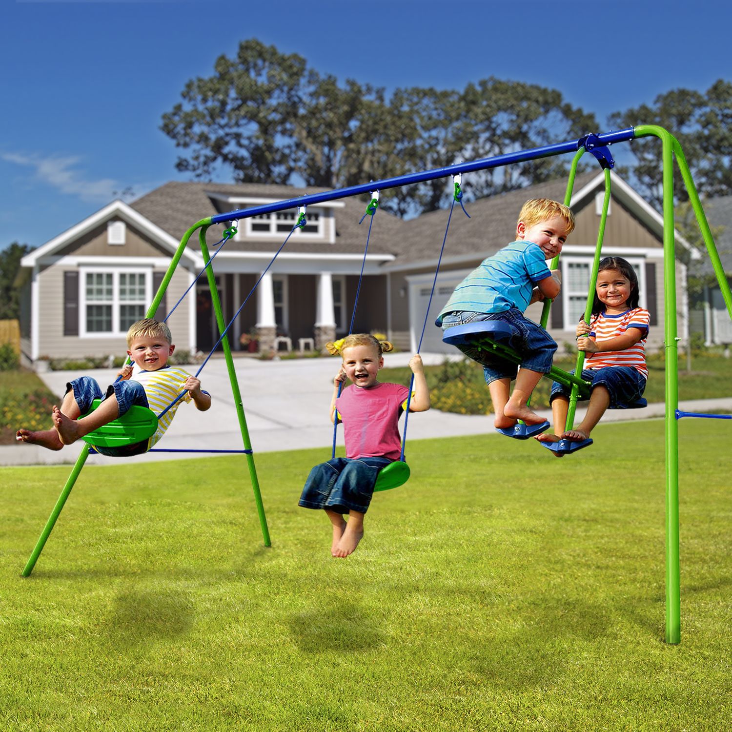 Doppelschaukel für Kindergärten + Spielset aus Metall für Kinder ab 3 Jahren, 280 x 140 x 180 cm, Tragkraft 45 kg