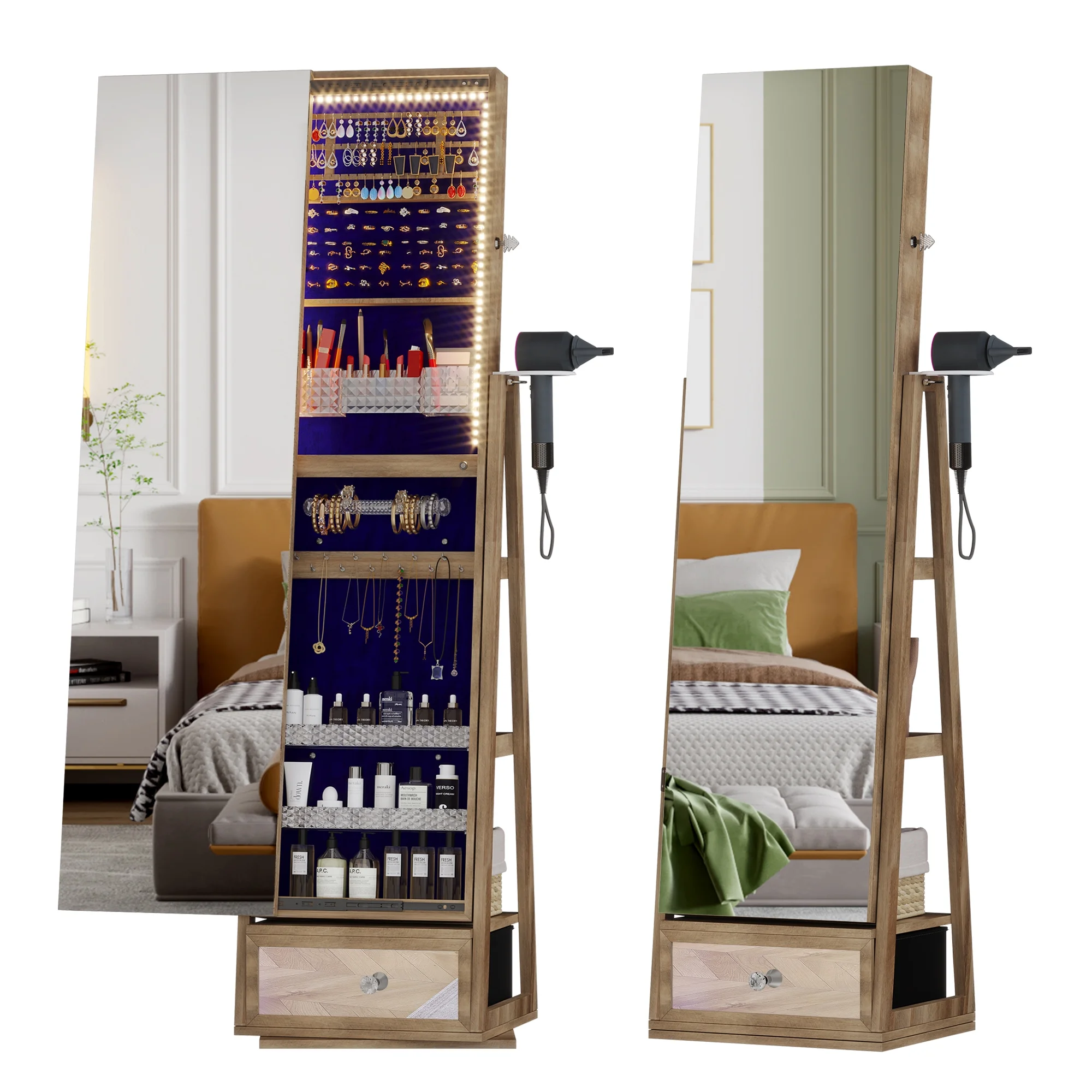 360° drehbare Schmuckschatulle mit Spiegel, LED-Beleuchtung und Schloss – Braun