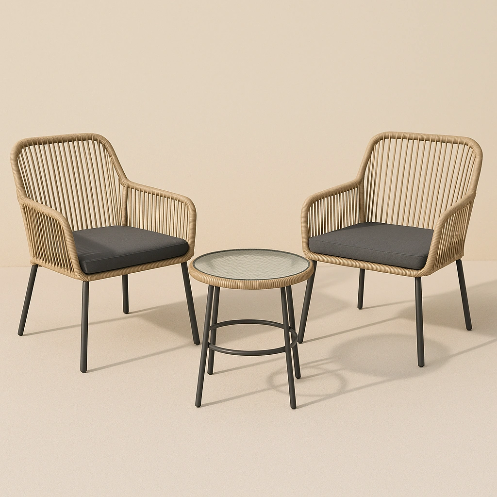 Ensemble de jardin beige et noir avec table et fauteuils, corde synthétique pour terrasse ou balcon