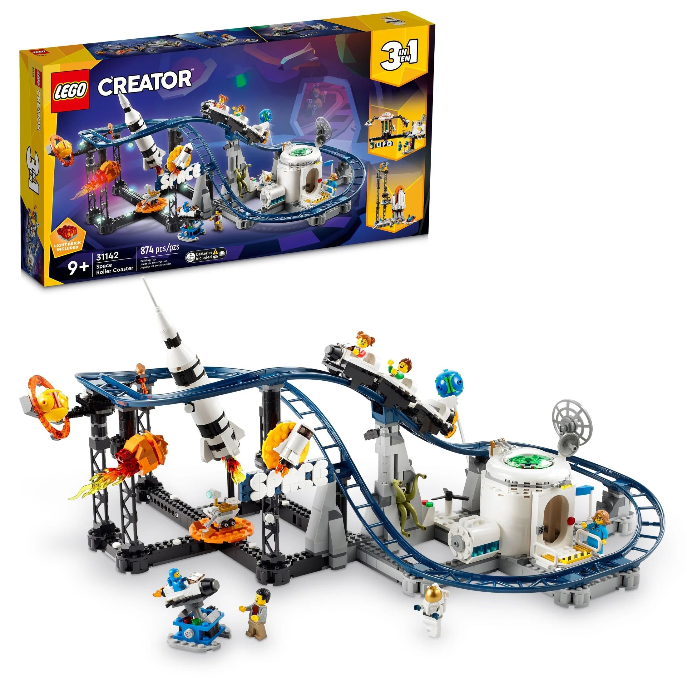 LEGO Creator 3-in-1 Weltraum-Achterbahn, umbaubarer Vergnügungspark, Baue eine Weltraum-Achterbahn, einen Freifallturm oder ein Karussell, mit 5 Minifiguren, Konstruktionsspielzeug für Kinder ab 9 Jahren, 31142