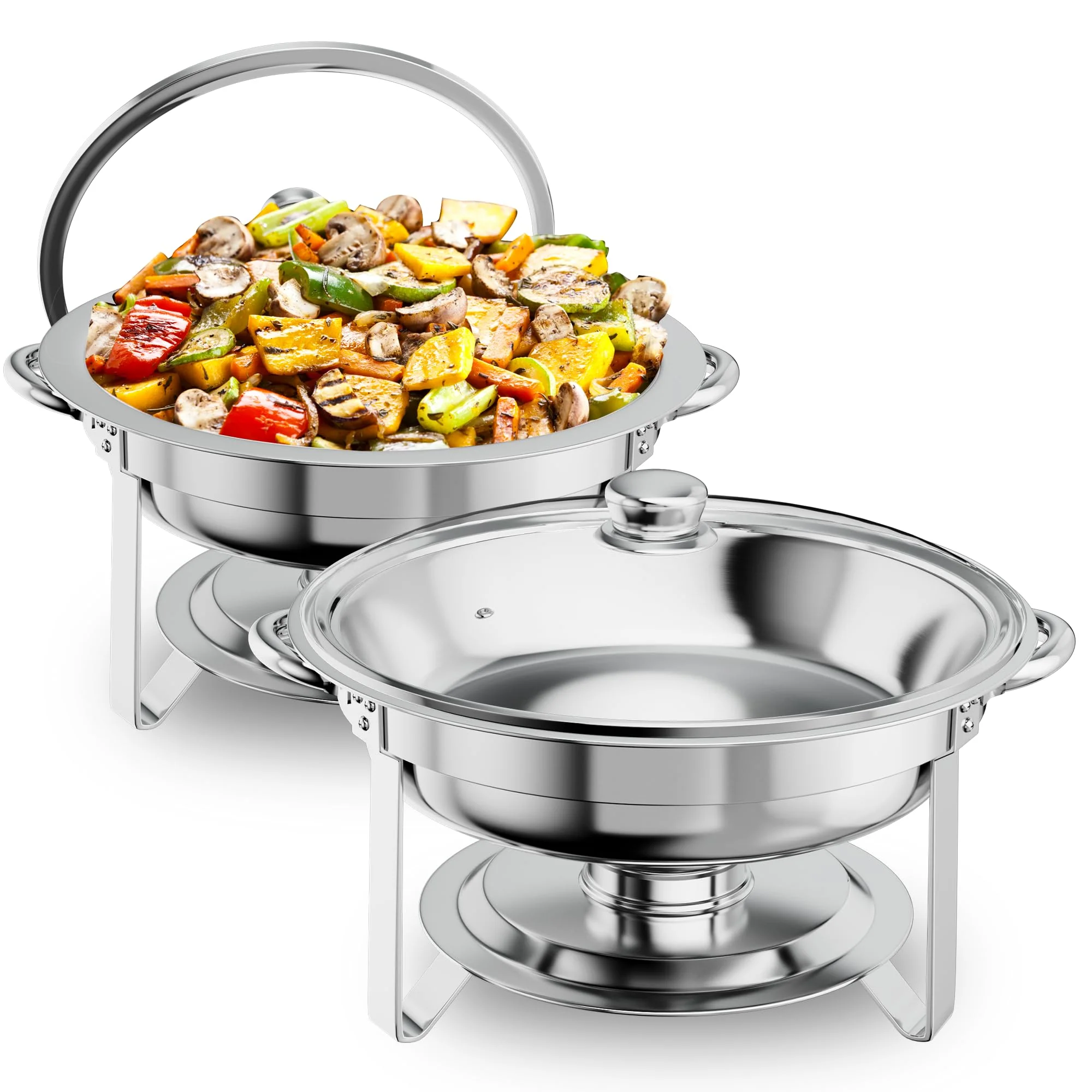 Buffet-Bain-Marie-Set. Runde Warmhaltebehälter und Servierplatten, 4-teilig.
