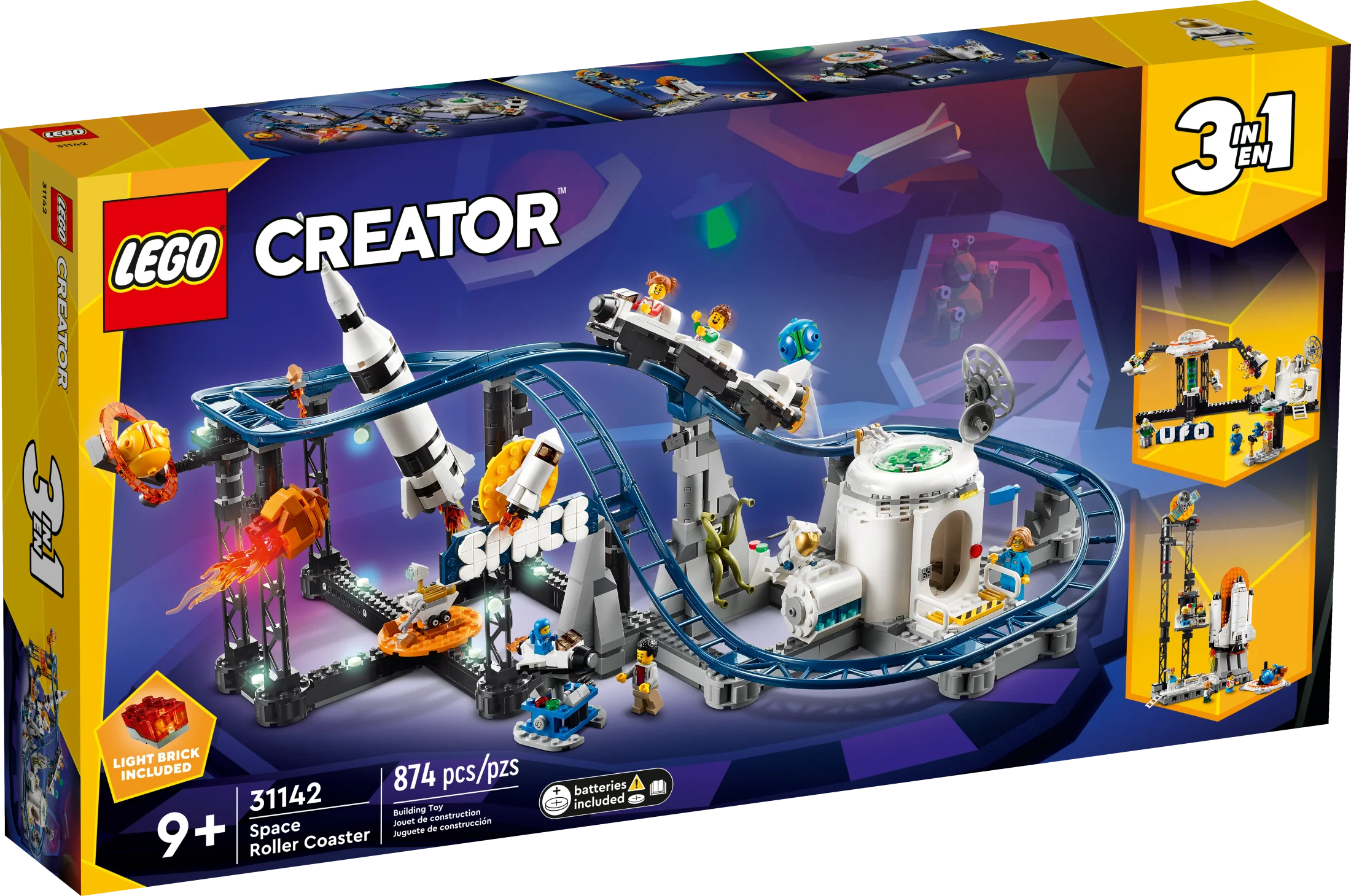 LEGO Creator 3-in-1 Weltraum-Achterbahn, umbaubarer Vergnügungspark, baue eine kurvenreiche Achterbahn, einen Freifallturm oder ein sich drehendes Karussell, mit 5 Minifiguren, Bauset für Kinder ab 9 Jahren, 31142