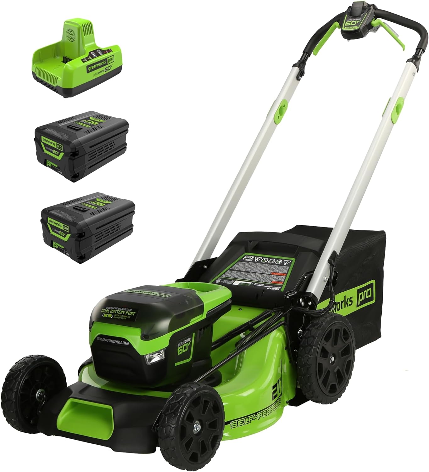 Greenworks 2025 60V 21 Akku-Rasenmäher (mit Eigenantrieb). Inklusive 2 x 4,0-Ah-Akkus und Dual-Schnellladegerät.
