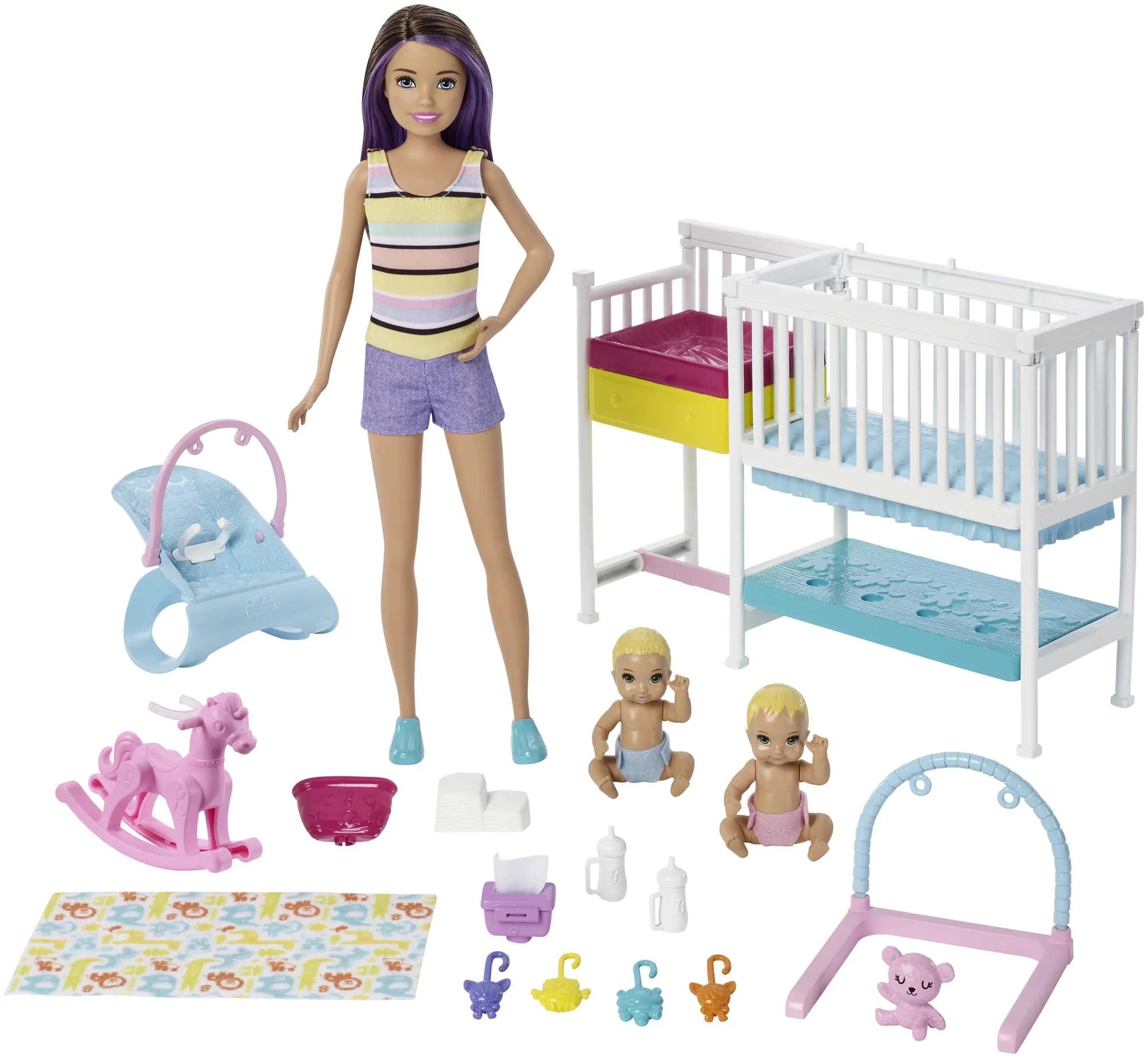 Barbie Skipper Babysitters Inc. Nap 'n Nurture Kinderbett-Set mit Brünette-Puppe, Babypuppe und Zubehör