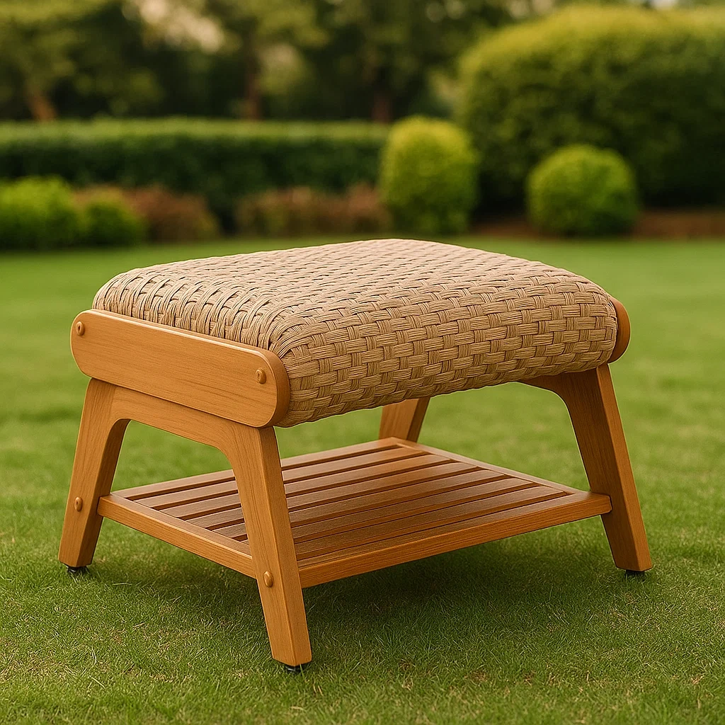 Tabouret d'extérieur, couleur bois clair, bois de teck, terrasse ou jardin, 59 x 35 x 36 cm