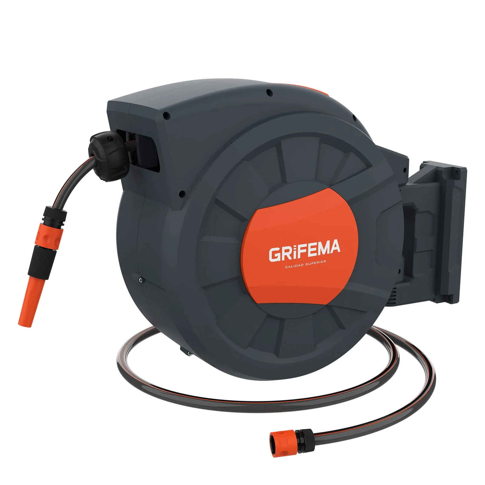 GRIFEMA G301-35 Wand-Schlauchtrommel (Modelljahr 2025) mit 35 m + 2 m Schlauch. 180° drehbarer Behälter. Automatischer Rücklauf mit verstellbarer Düse.