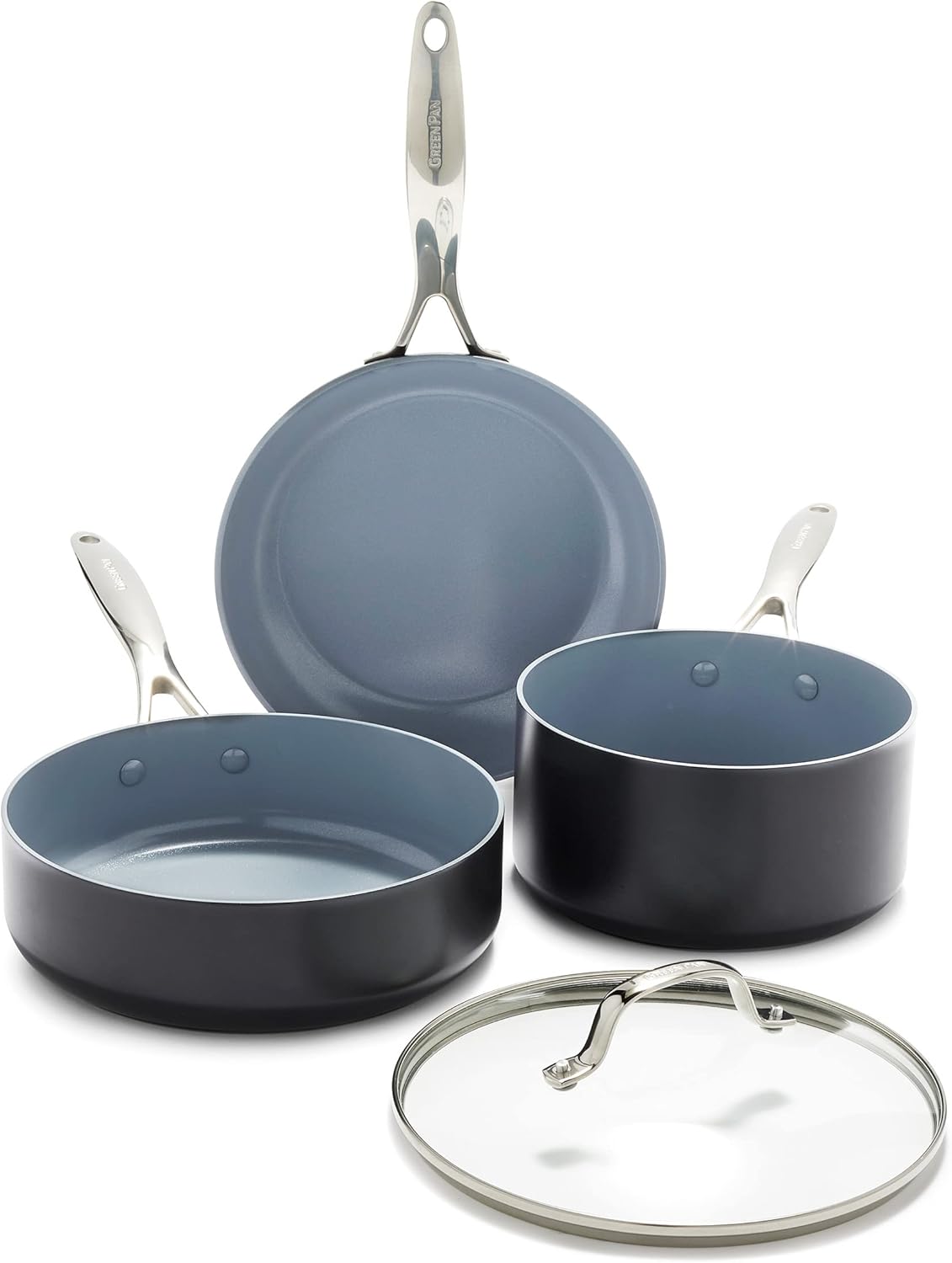 GreenPan Valencia Pro 11-teiliges Kochgeschirr-Set, gesunde, antihaftbeschichtete, hart eloxierte Keramik, inklusive Bratpfannen, Fritteuse, Töpfen und Deckeln, PFAS-frei, induktionsgeeignet, spülmaschinen- und ofenfest, Grau