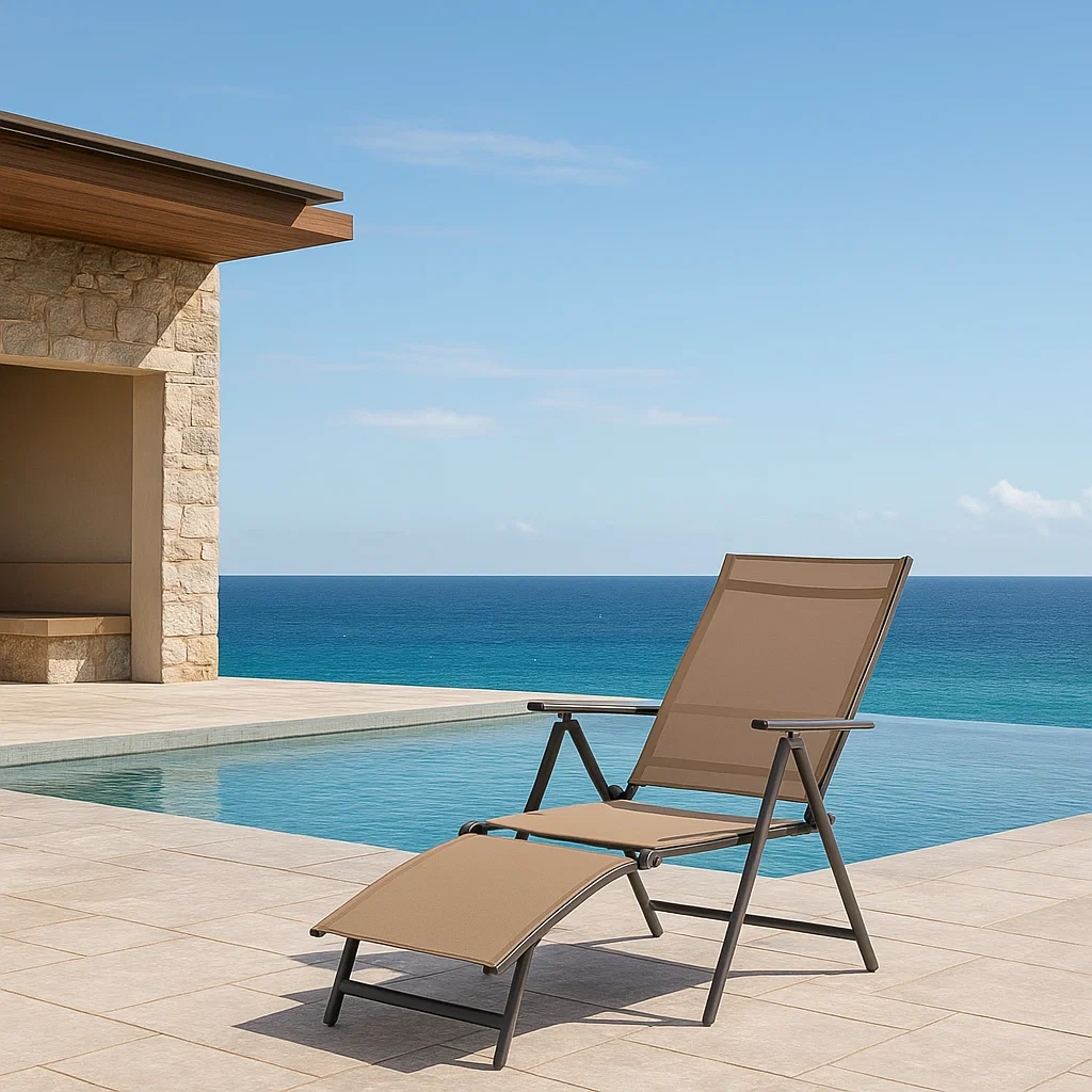 Transat de jardin inclinable avec accoudoirs, marron, aluminium, pour usage extérieur, 166 x 50 x 95 cm