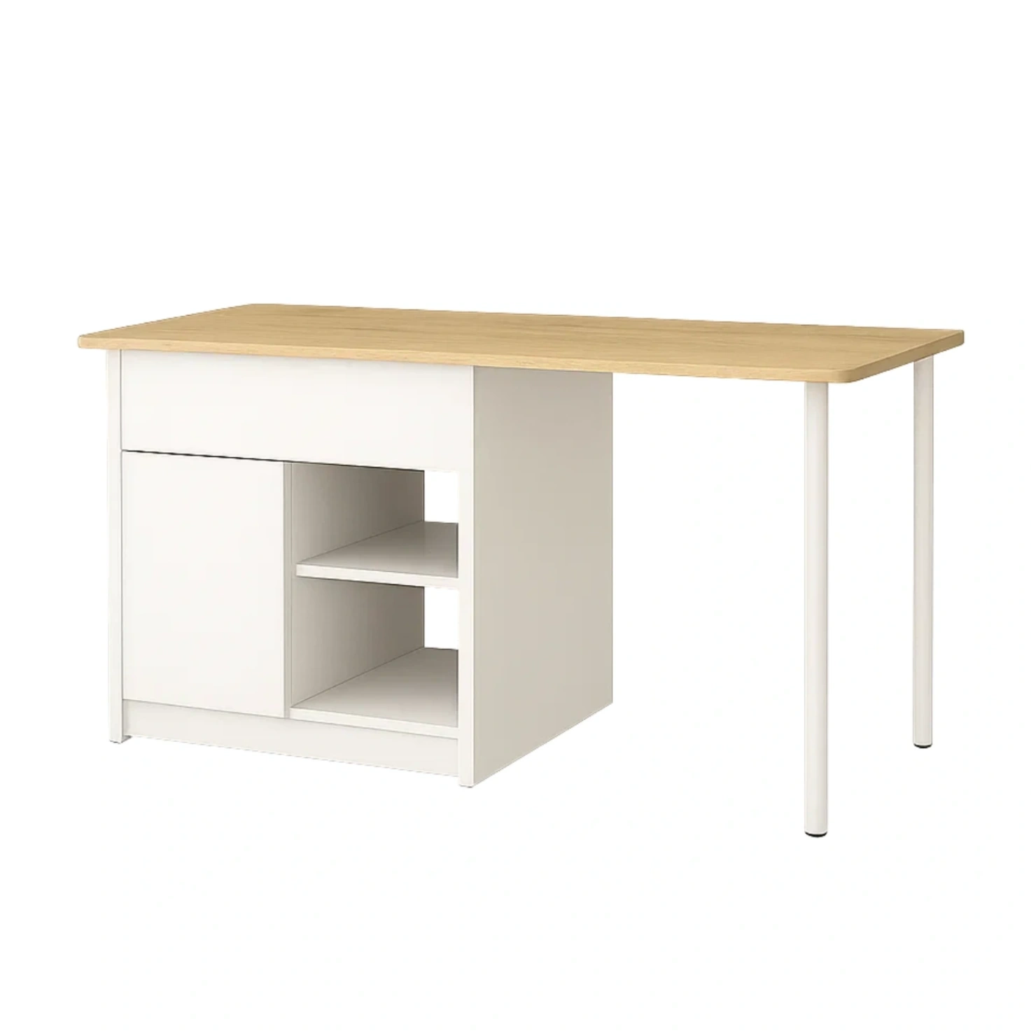 Îlot de cuisine rectangulaire avec tiroir, étagères ouvertes et porte, en bois blanc et naturel, autoportant, 140 x 80 x 90 cm, pour cuisine domestique. - 1Bw4emAliWax