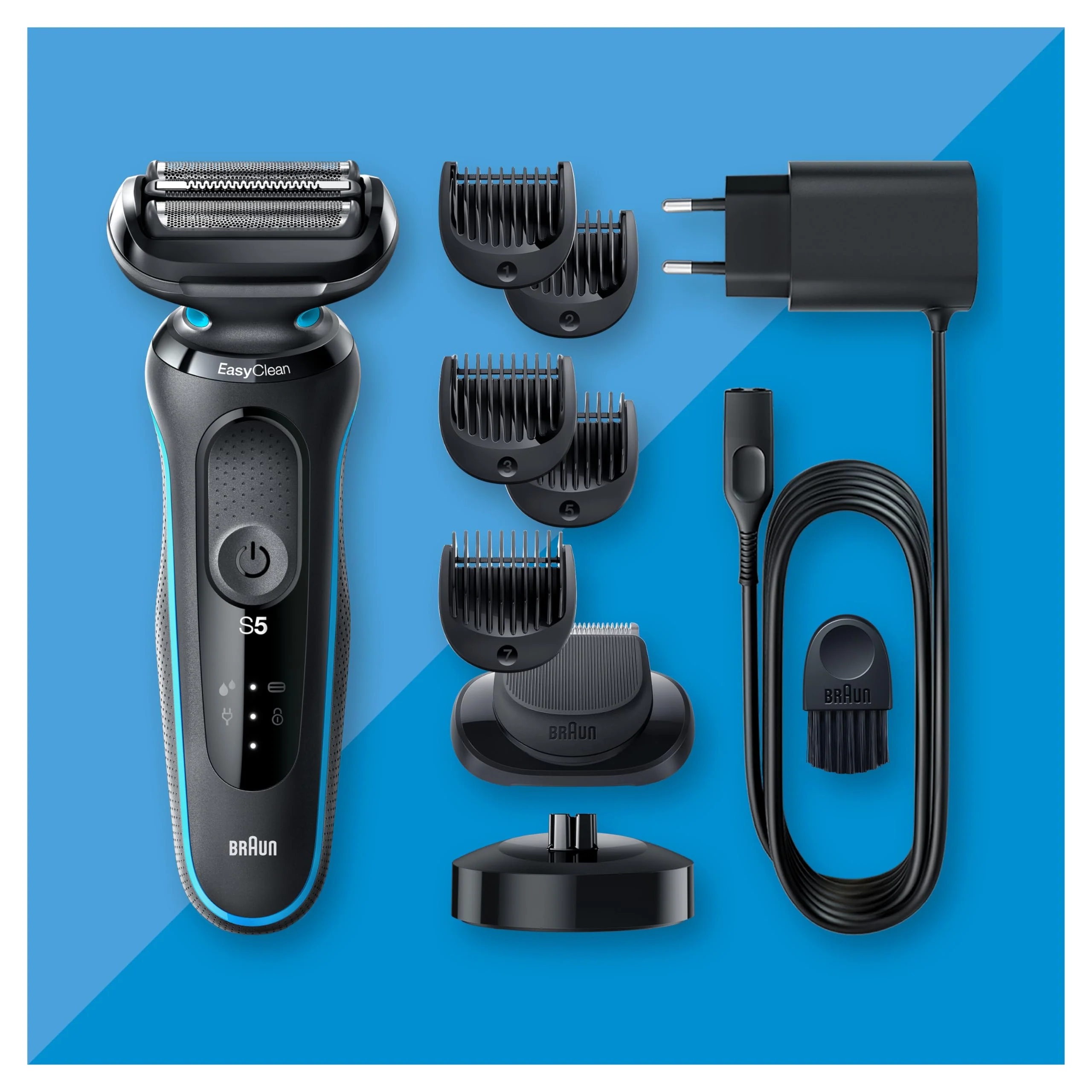 Braun Series 5 Elektrorasierer für Herren. Barttrimmer mit flexiblem Scherkopf und Klingen. Inklusive Barttrimmer-Aufsatz und Ladestation. Wasserdicht und wiederaufladbar. 51-M4500cs. Grau/Blau