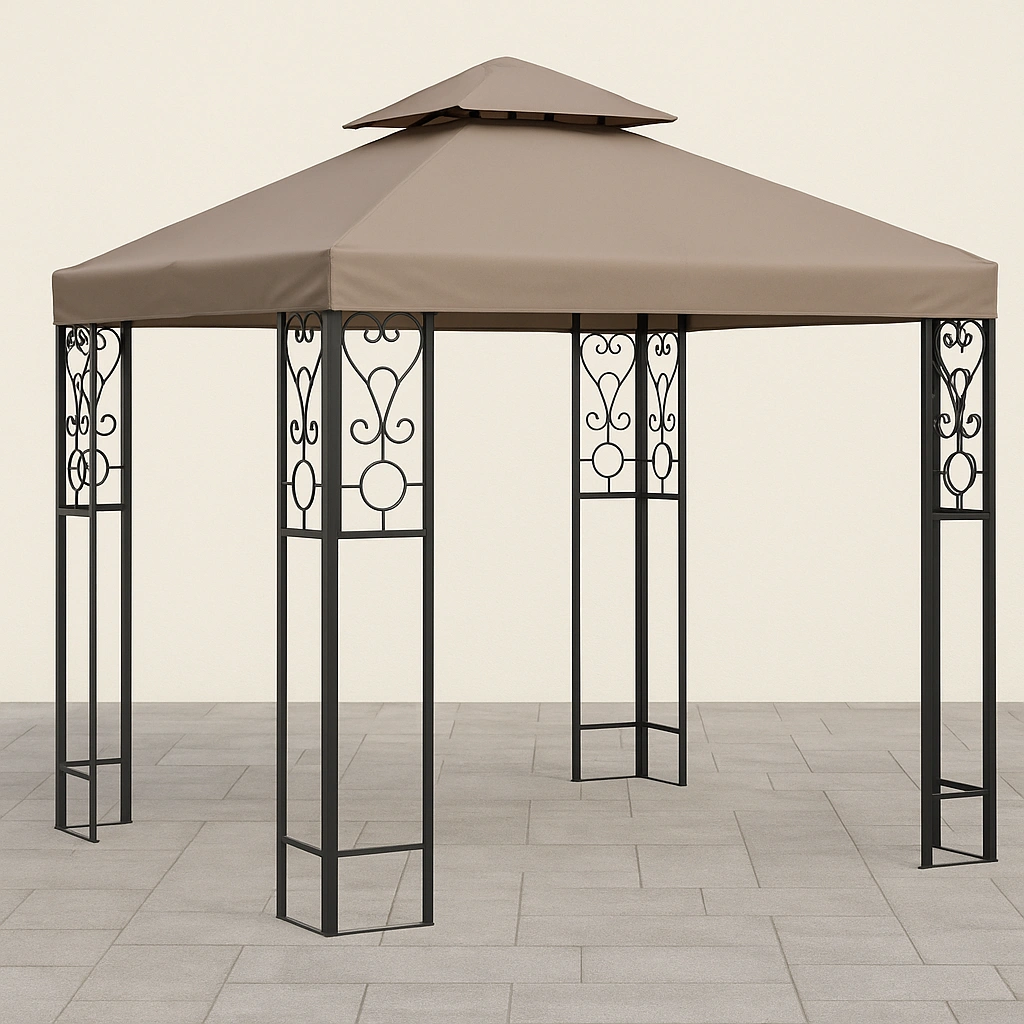 Pavillon extérieur, structure noire, toit taupe, acier, terrasse de jardin, 300 x 300 x 260 cm