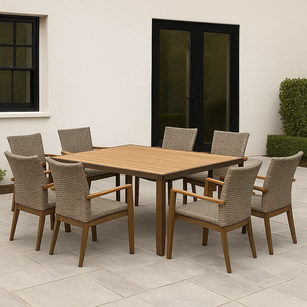 Ensemble table et chaises de jardin 8 places, en bois et rotin synthétique, beige, table 180 x 90 x 75 cm, chaises 58 x 62 x 88 cm, structure rectangulaire avec accoudoirs, pour patio ou terrasse. - ic7ITjyVeNoR
