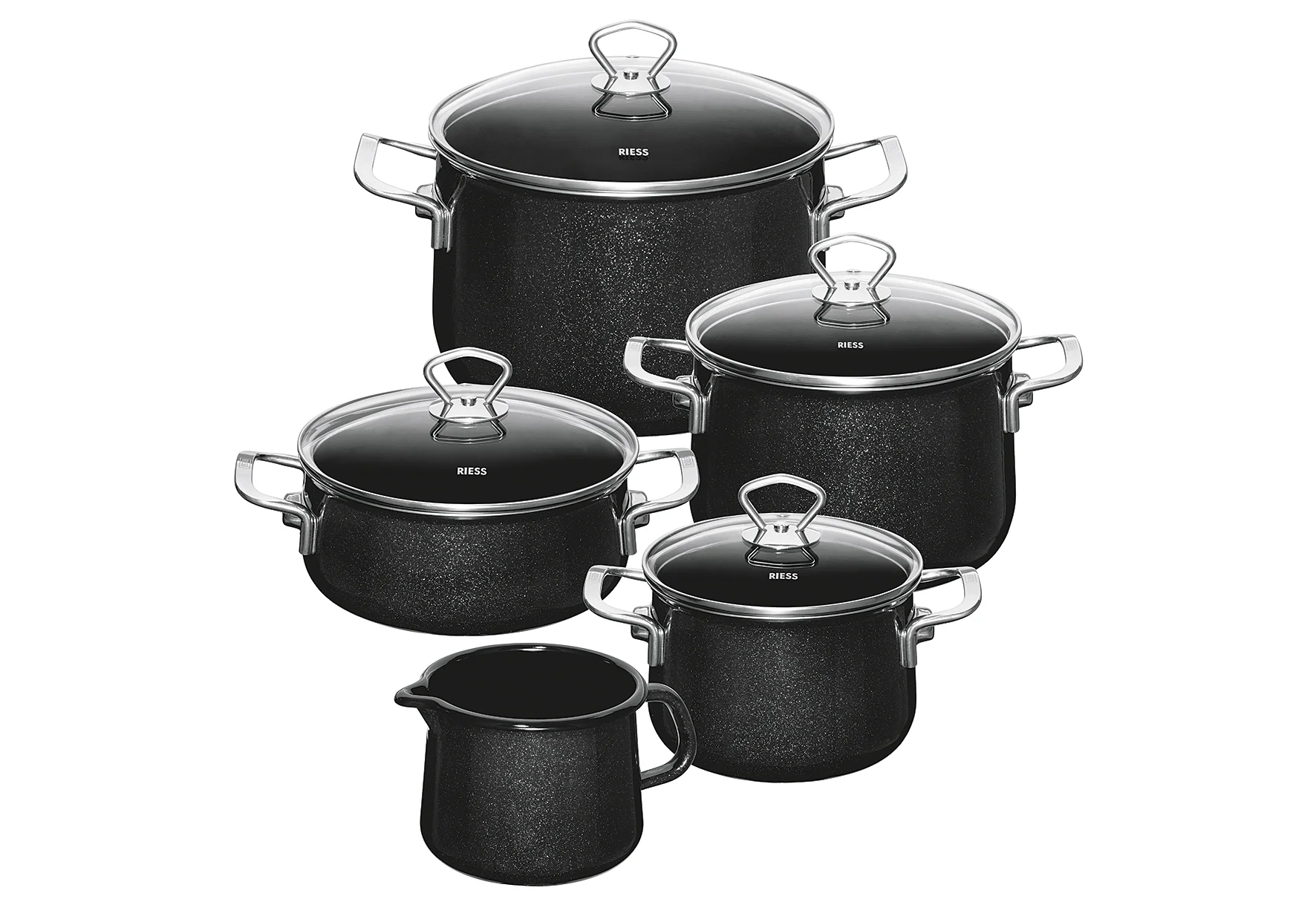 Kochgeschirr-Set „Black Magic“ (2025). 5-teilig. Schwarze Emaille.