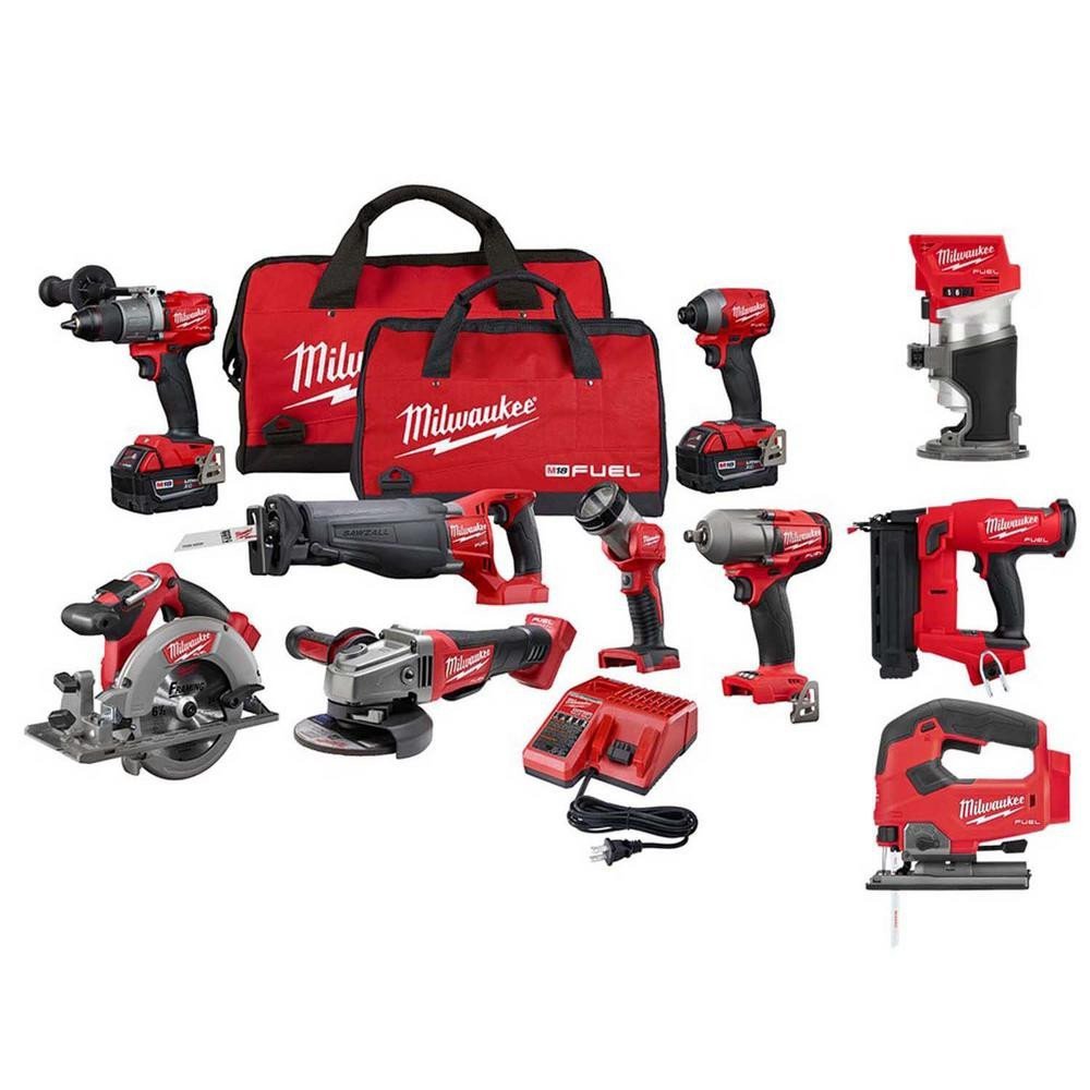 Milwaukee M18 FUEL 18V Akku-Kombiset (10 Werkzeuge) mit bürstenlosem Motor, 2 x 5,0-Ah-Akkus, Ladegerät und 2 Werkzeugtaschen (Modelljahr 2025)