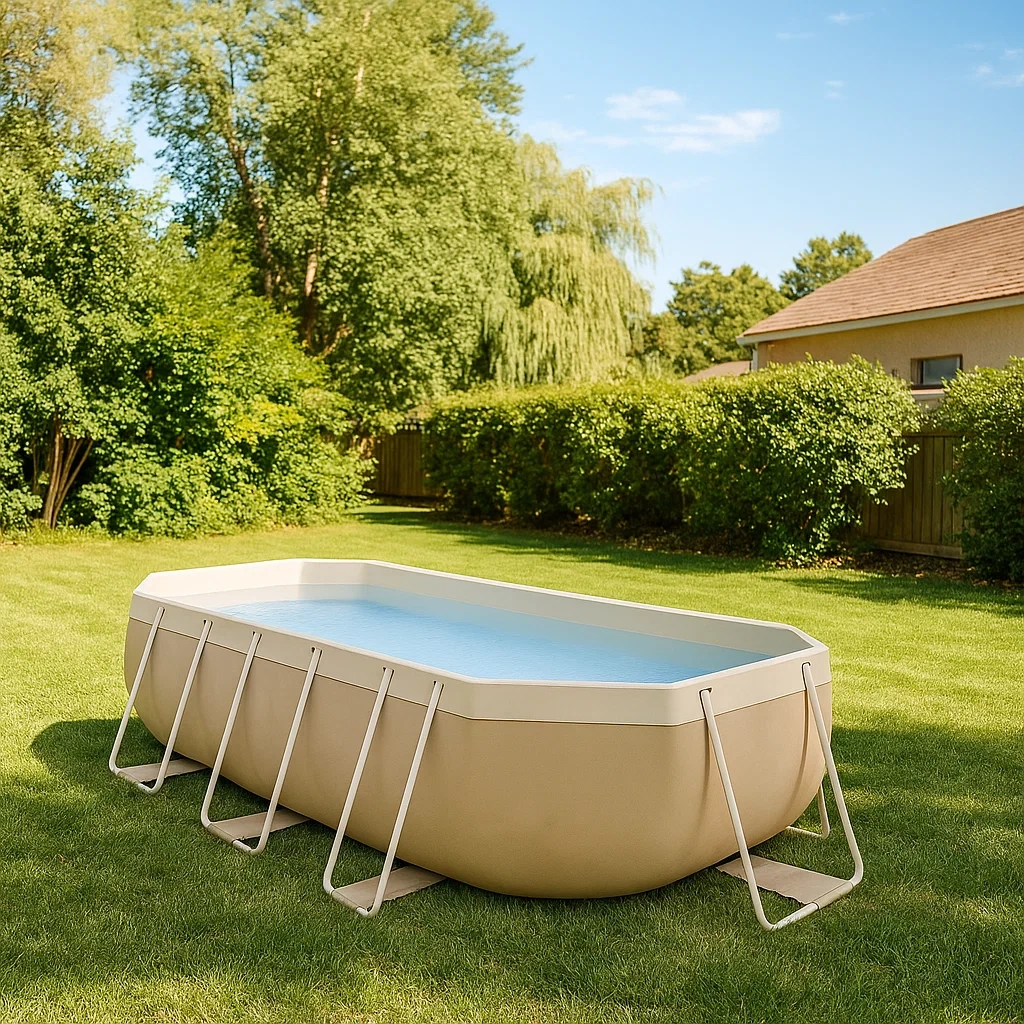 Rechteckiges, röhrenförmiges Schwimmbecken, 7000 Liter Fassungsvermögen, verstärktes PVC und Stahl, beige/weiß, selbsttragend, 300 x 200 x 75 cm Becken - 2IHdlrVj0j87