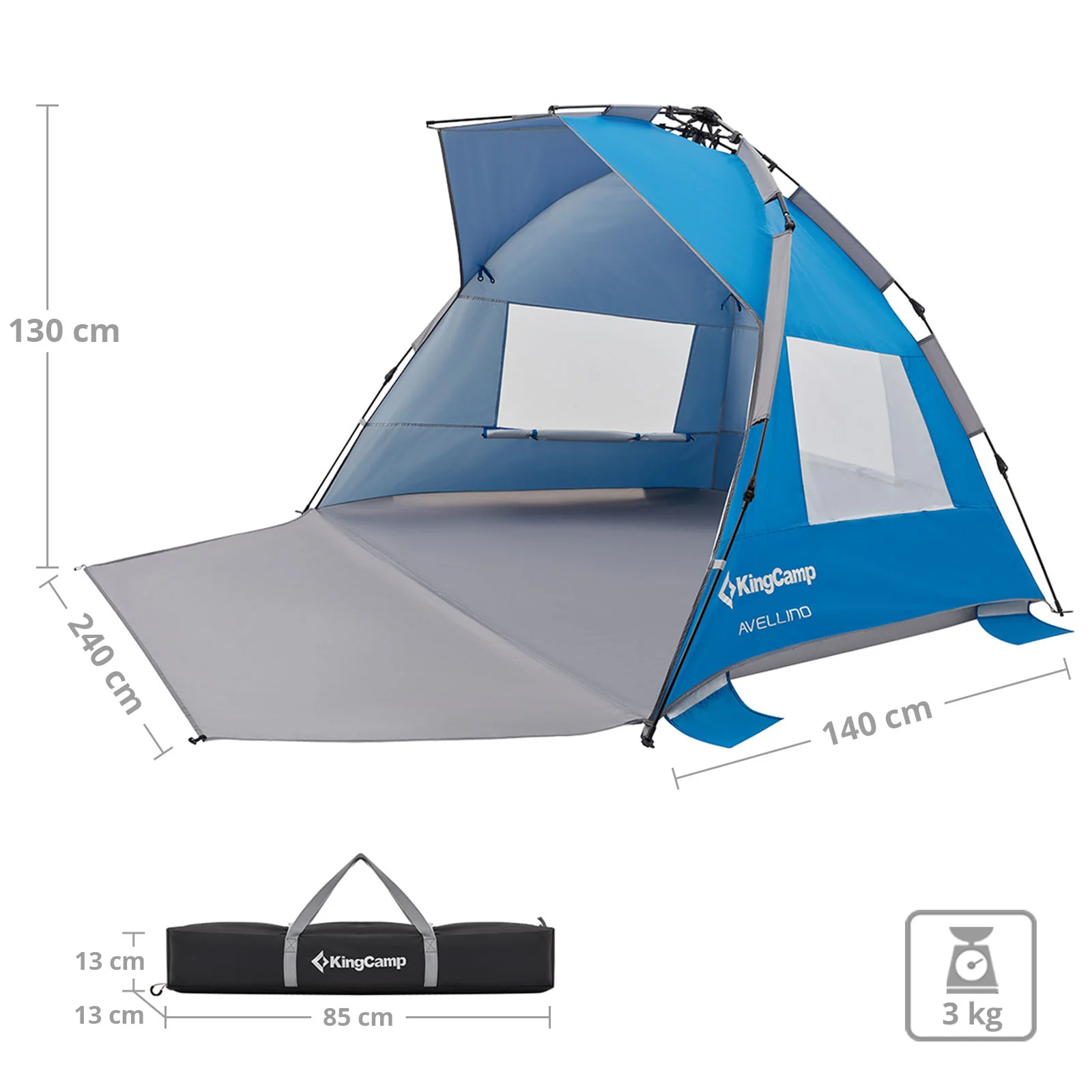 2025 KingCamp Avellino – Automatisches Strandzelt mit UPF50+ Sonnenschutz, Wind- und Sichtschutz, hydraulischer Konstruktion, Sandsäcken und Moskitonetzen an den Fenstern